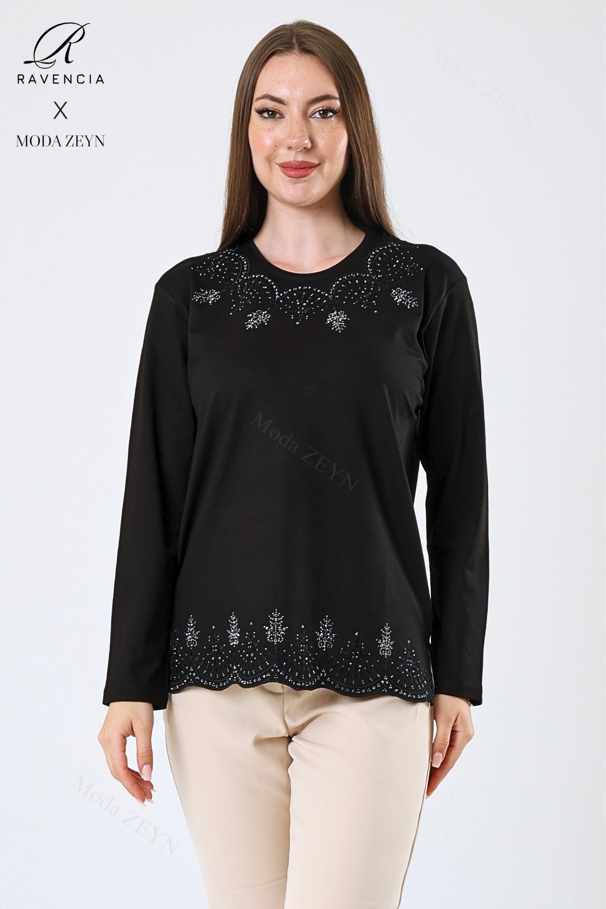 Kadın Orta Yaş Ve Üzeri Viskon Yaprak Desenli Eteği Yakası Taşlı Işlemeli Likralı Zümrüt Anne Penye