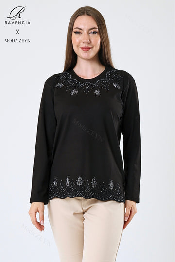 Kadın Orta Yaş Ve Üzeri Viskon Yaprak Desenli Eteği Yakası Taşlı Işlemeli Likralı Zümrüt Anne Penye