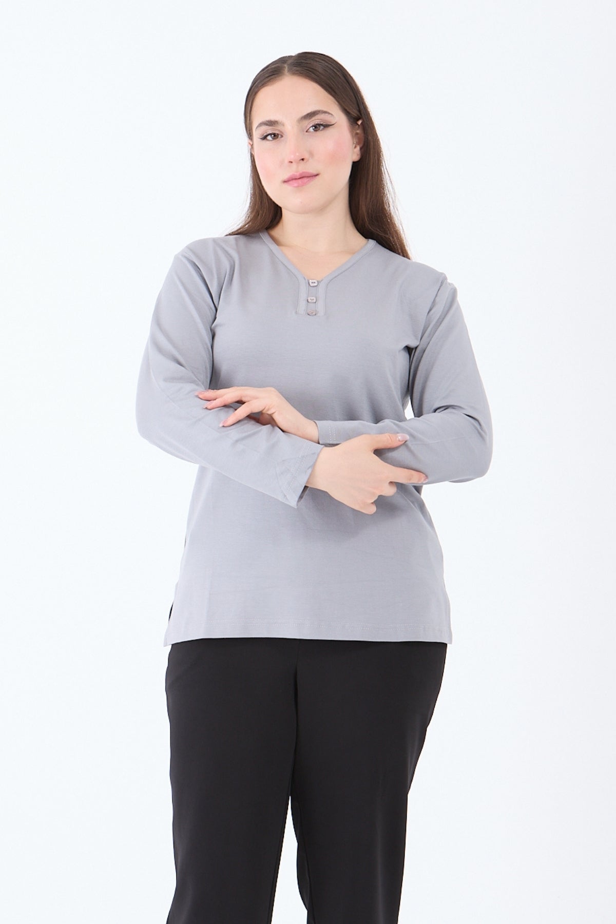 Kadın V Yaka Likralı Viskon Anne Penye Bluz