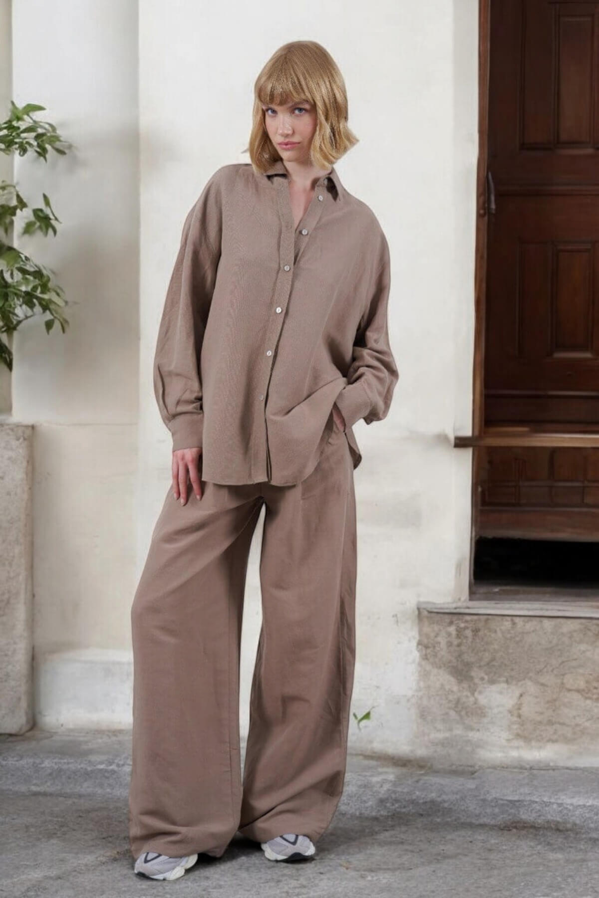 Kadın Keten Gömlek Pantolon Takım