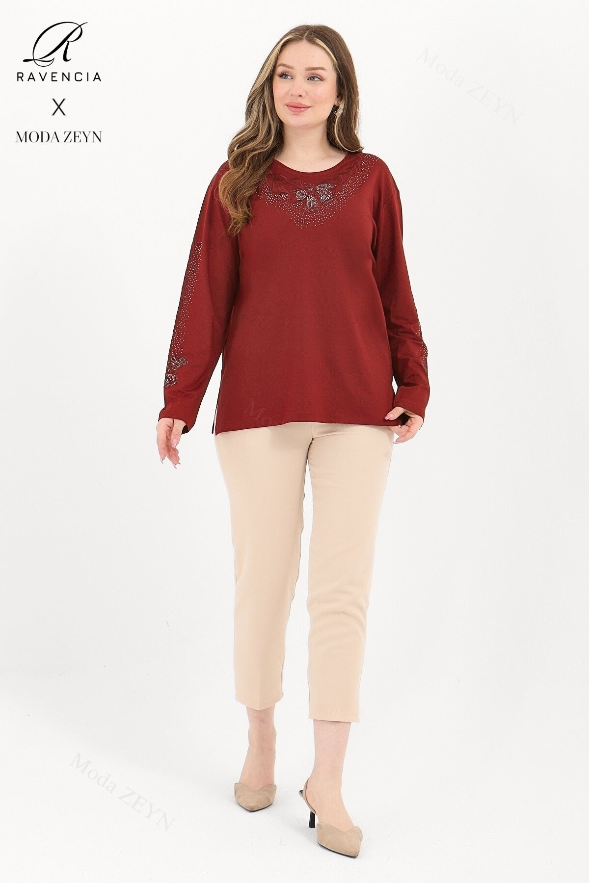 Kadın Orta Yaş Ve Üzeri Viskon Fiyonk Desen Taşlı Işlemeli Likralı Anne Penye Bluz