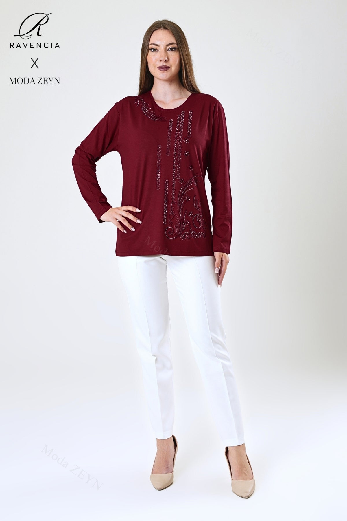 Kadın Orta Yaş Ve Üzeri Viskon Halka Şerit Desen Taşlı Işlemeli Likralı Anne Penye Bluz