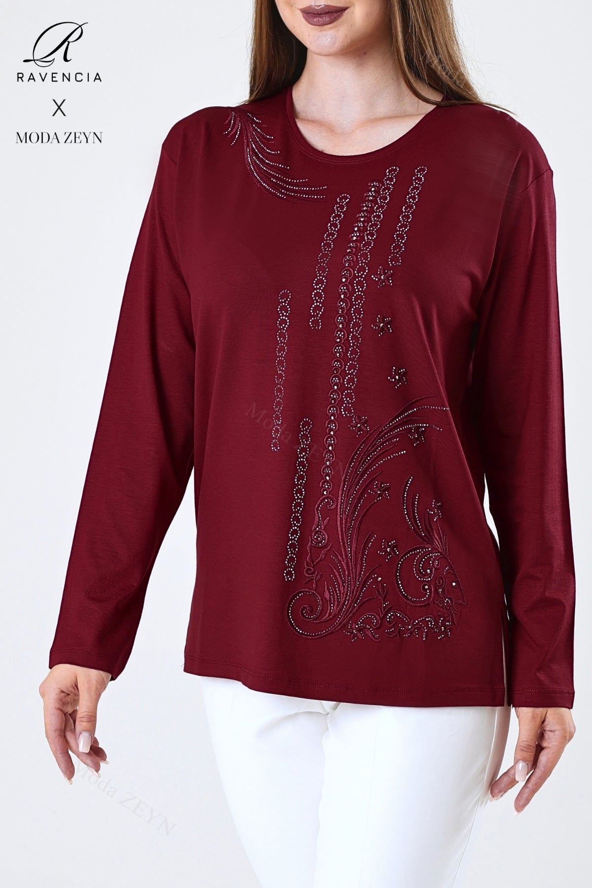 Kadın Orta Yaş Ve Üzeri Viskon Halka Şerit Desen Taşlı Işlemeli Likralı Anne Penye Bluz