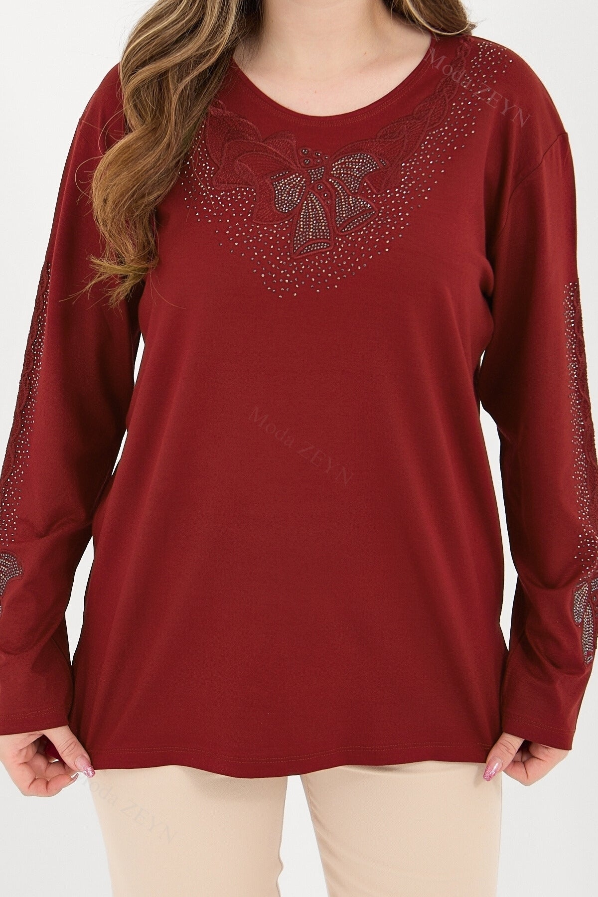 Kadın Orta Yaş Ve Üzeri Viskon Fiyonk Desen Taşlı Işlemeli Likralı Anne Penye Bluz