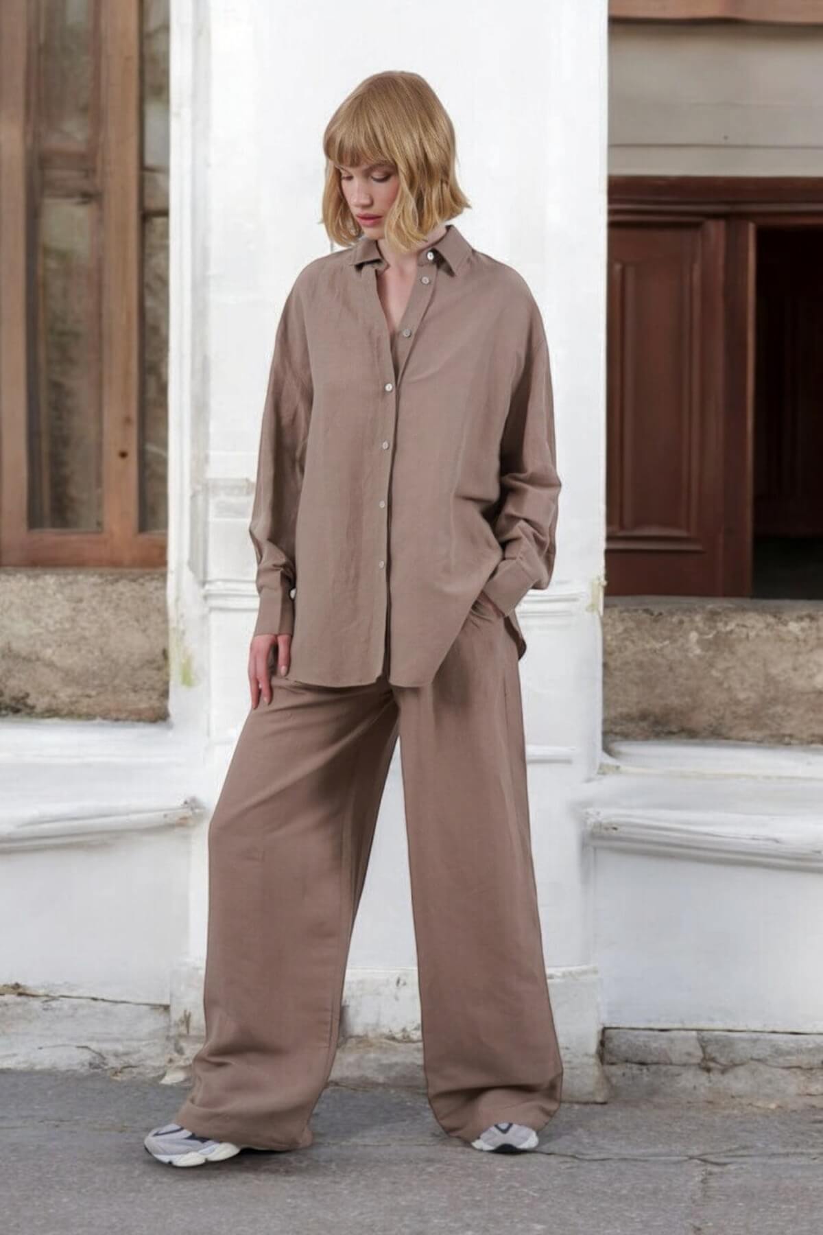 Kadın Keten Gömlek Pantolon Takım