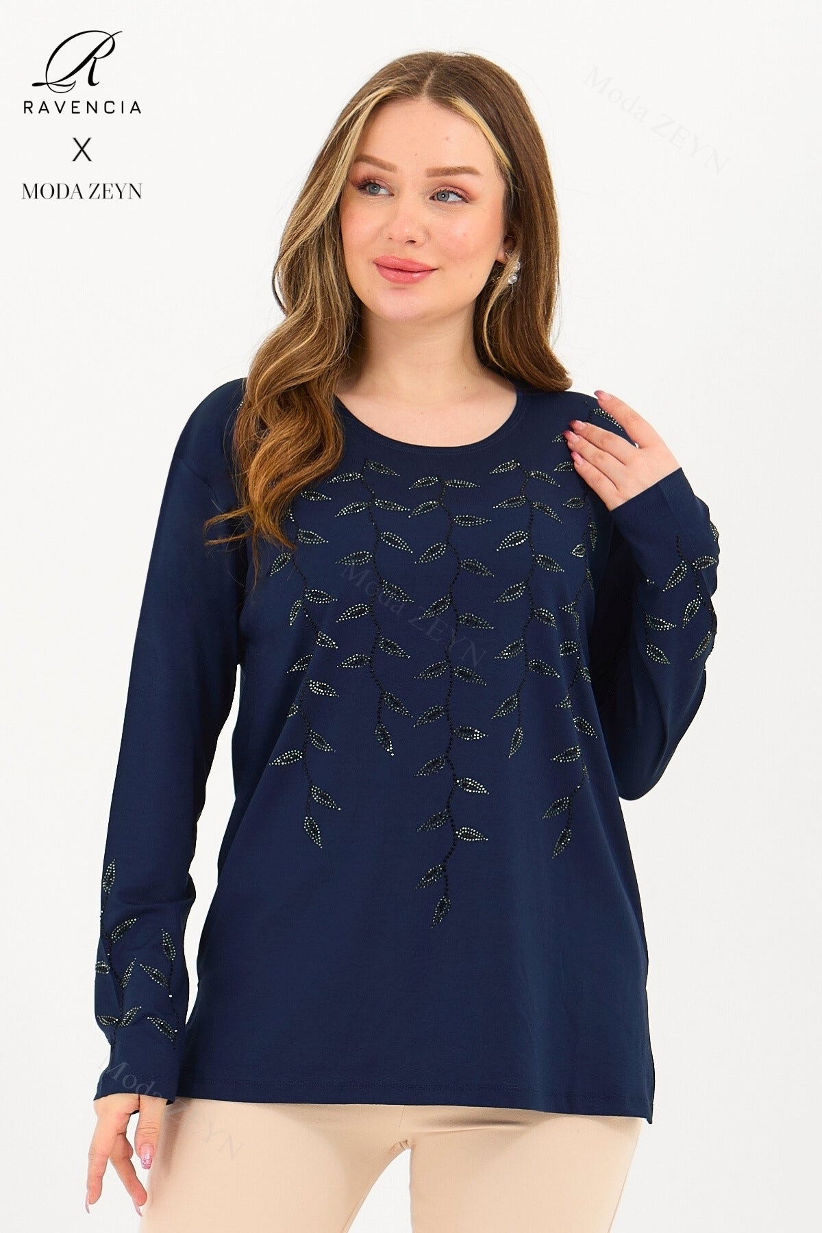 Kadın Viskon Yaprak Desen Taşlı İşlemeli Likralı Anne Penye Bluz