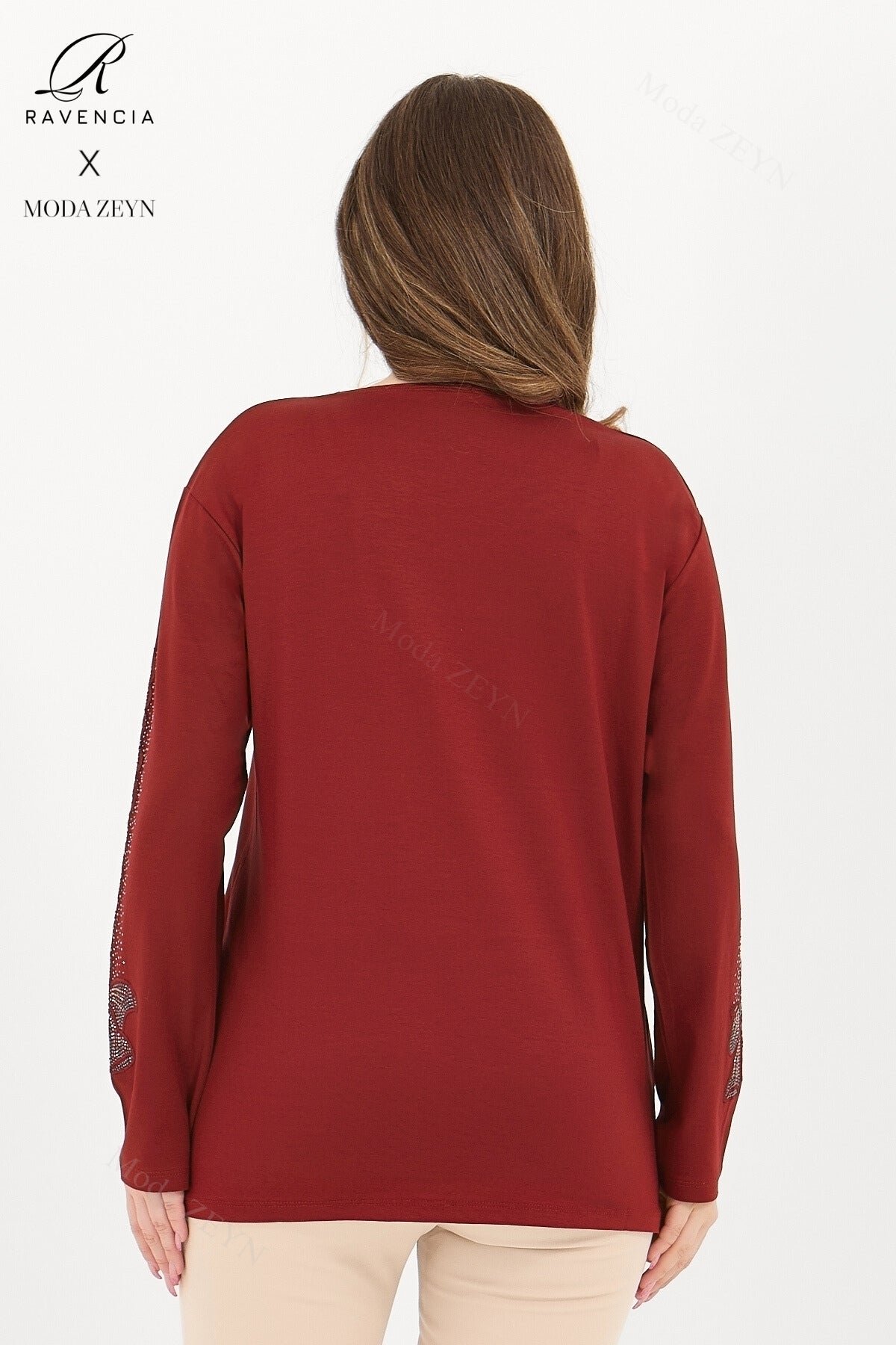 Kadın Orta Yaş Ve Üzeri Viskon Fiyonk Desen Taşlı Işlemeli Likralı Anne Penye Bluz