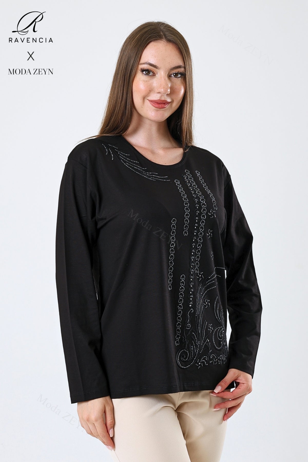 Kadın Orta Yaş Ve Üzeri Viskon Halka Şerit Desen Taşlı Işlemeli Likralı Anne Penye Bluz