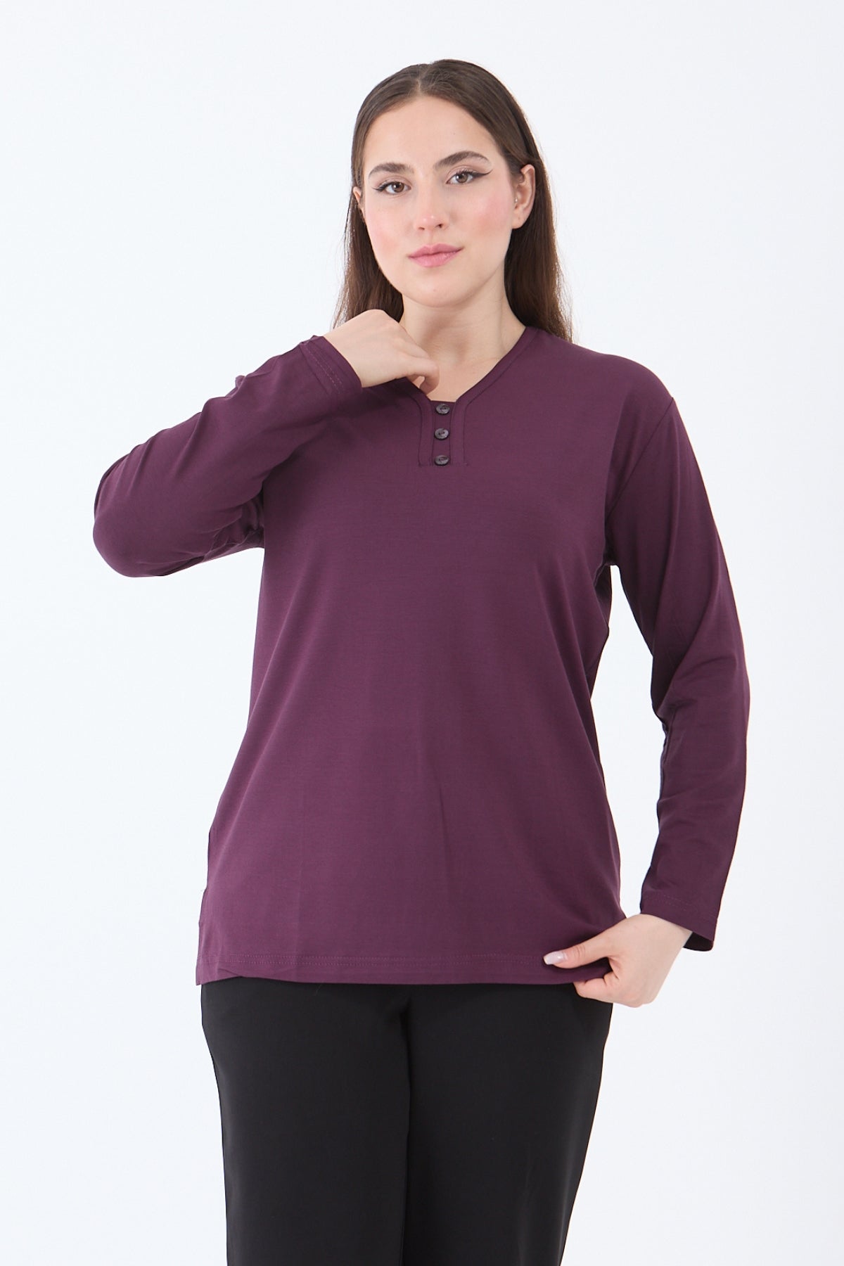 Kadın V Yaka Likralı Viskon Anne Penye Bluz