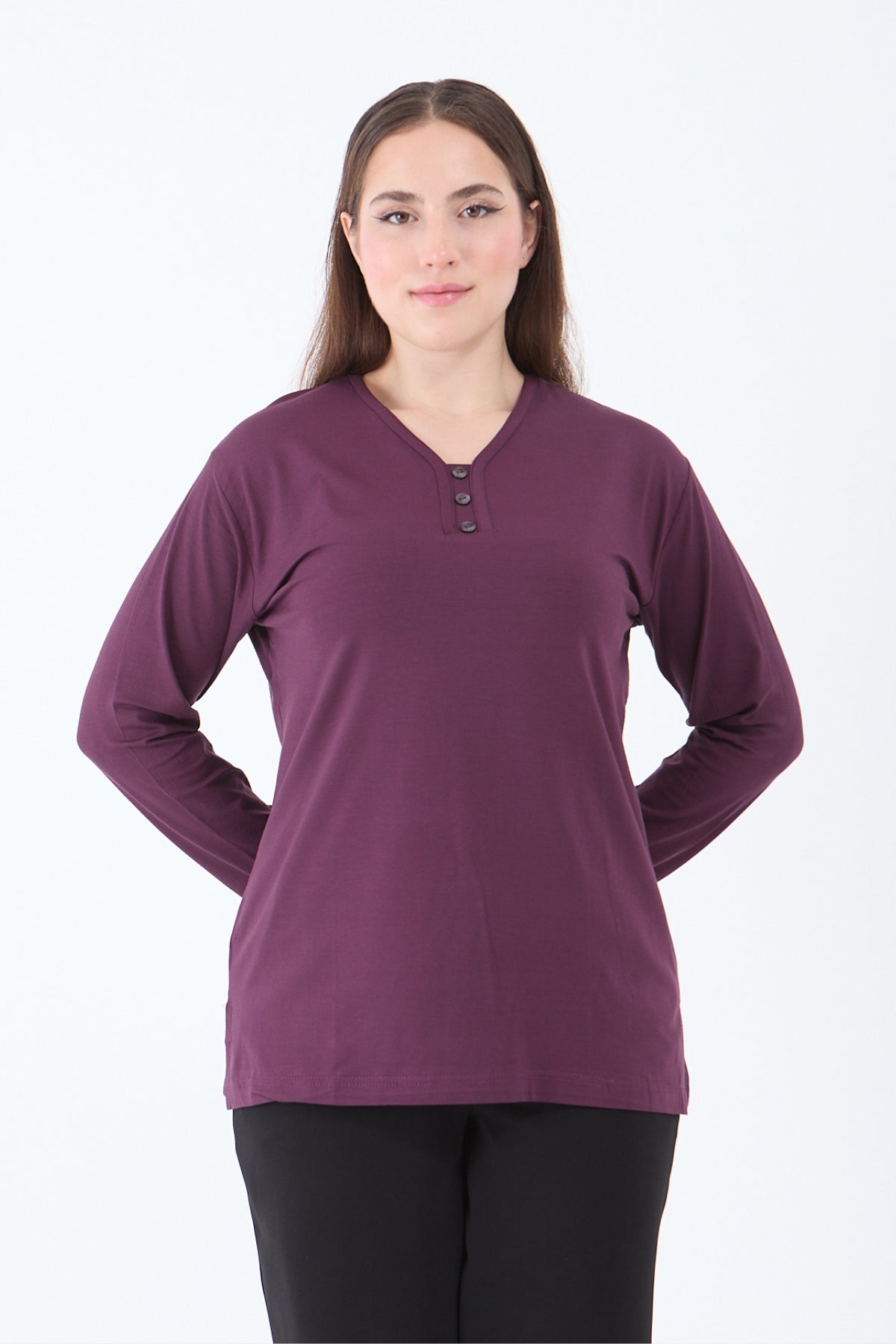 Kadın V Yaka Likralı Viskon Anne Penye Bluz