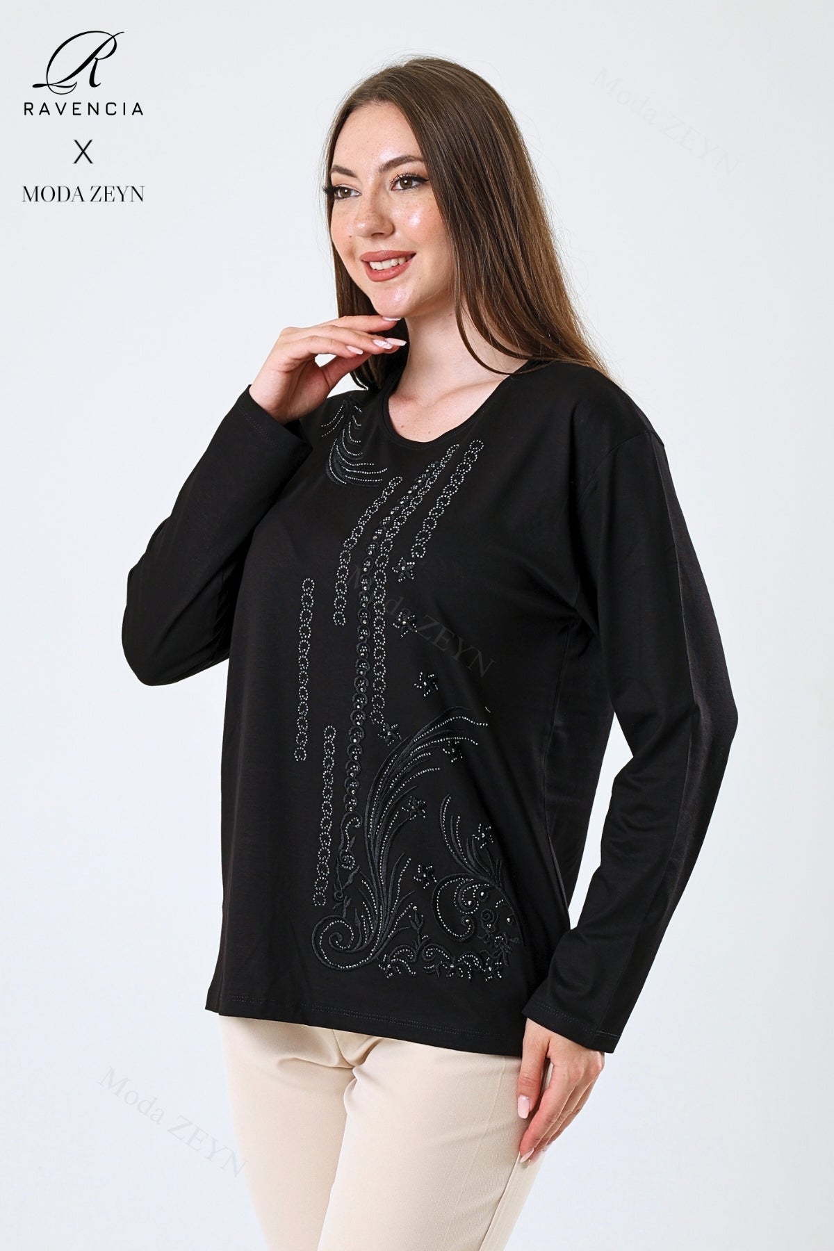 Kadın Orta Yaş Ve Üzeri Viskon Halka Şerit Desen Taşlı Işlemeli Likralı Anne Penye Bluz