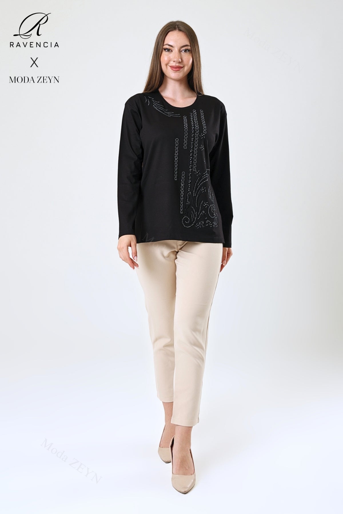 Kadın Orta Yaş Ve Üzeri Viskon Halka Şerit Desen Taşlı Işlemeli Likralı Anne Penye Bluz