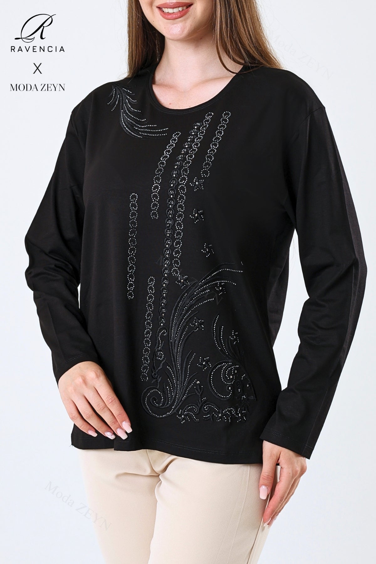 Kadın Orta Yaş Ve Üzeri Viskon Halka Şerit Desen Taşlı Işlemeli Likralı Anne Penye Bluz