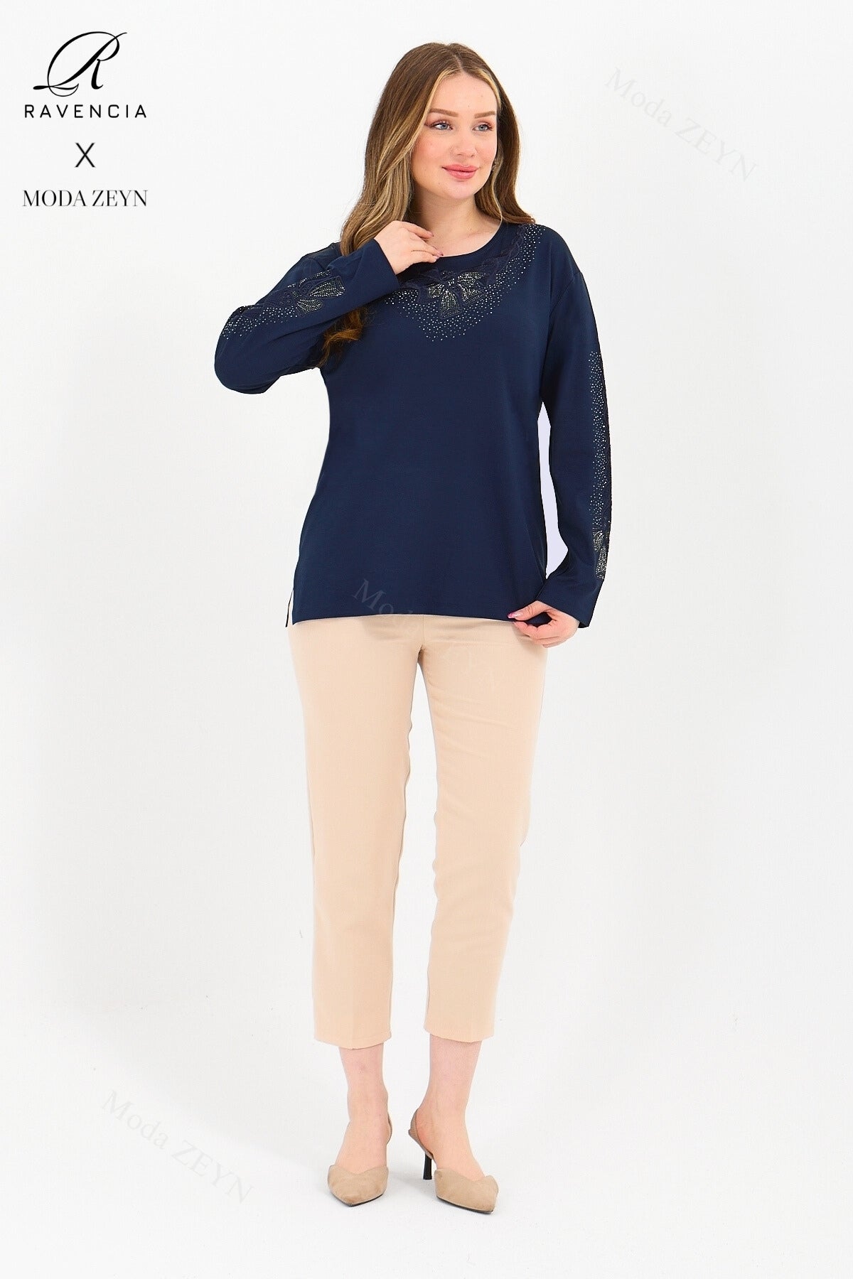 Kadın Orta Yaş Ve Üzeri Viskon Fiyonk Desen Taşlı Işlemeli Likralı Anne Penye Bluz