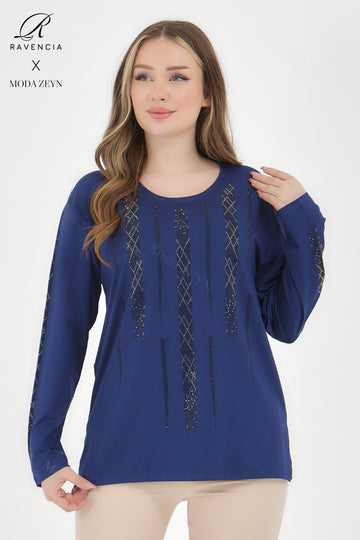 Kadın Viskon Düz Cizgi Taşlı İşlemeli Likralı Anne Penye Bluz