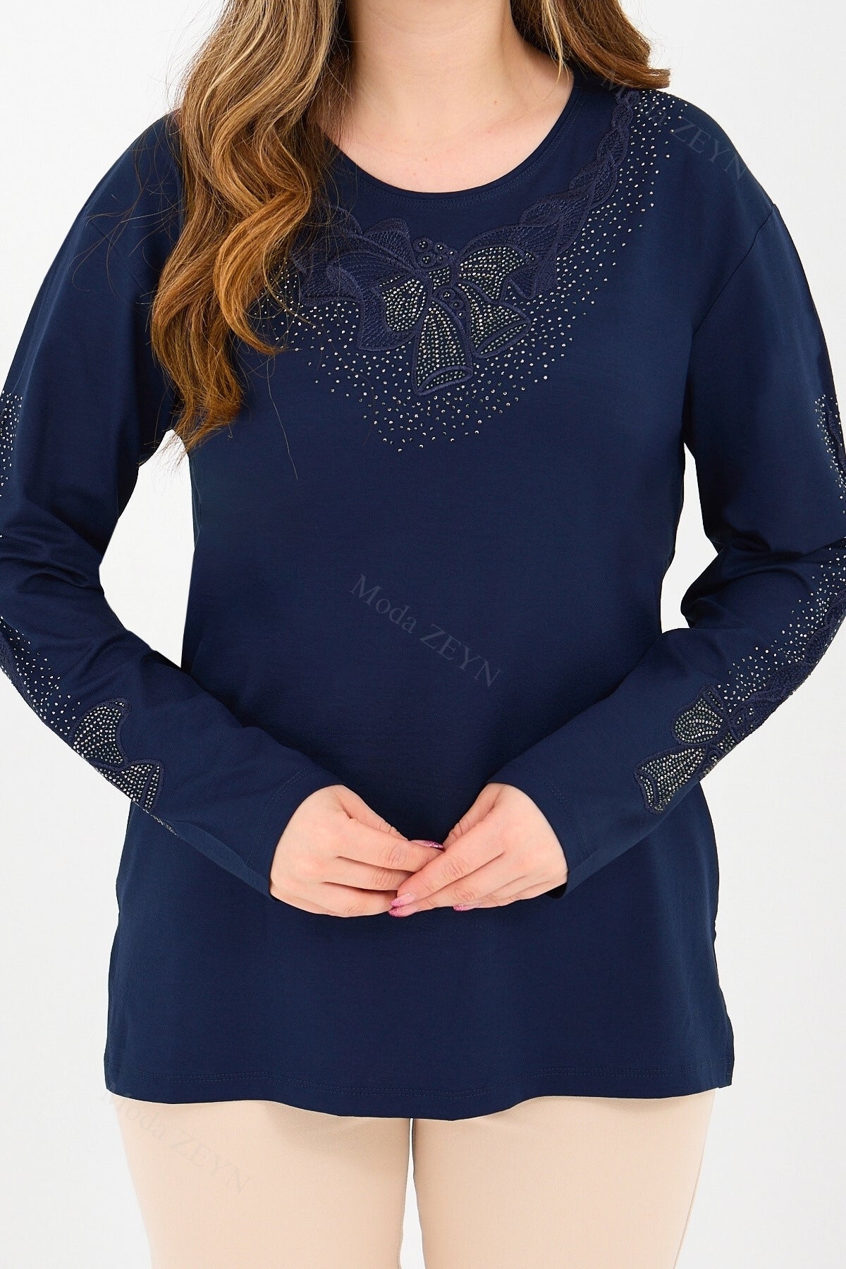 Kadın Orta Yaş Ve Üzeri Viskon Fiyonk Desen Taşlı Işlemeli Likralı Anne Penye Bluz