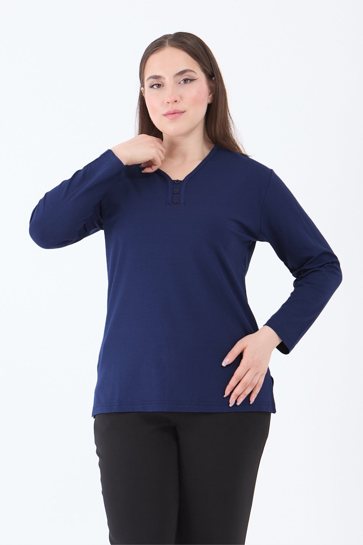 Kadın V Yaka Likralı Viskon Anne Penye Bluz