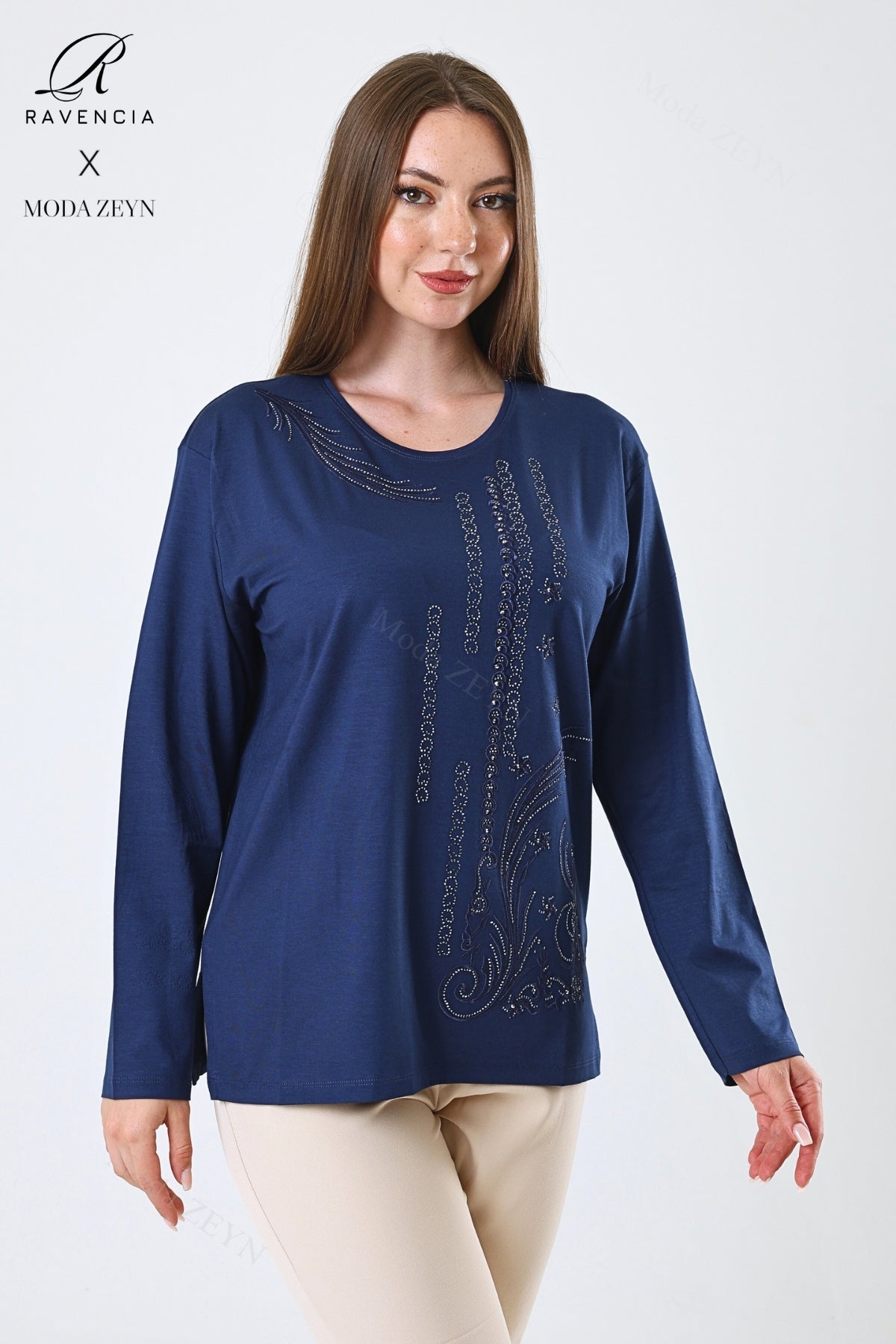 Kadın Orta Yaş Ve Üzeri Viskon Halka Şerit Desen Taşlı Işlemeli Likralı Anne Penye Bluz