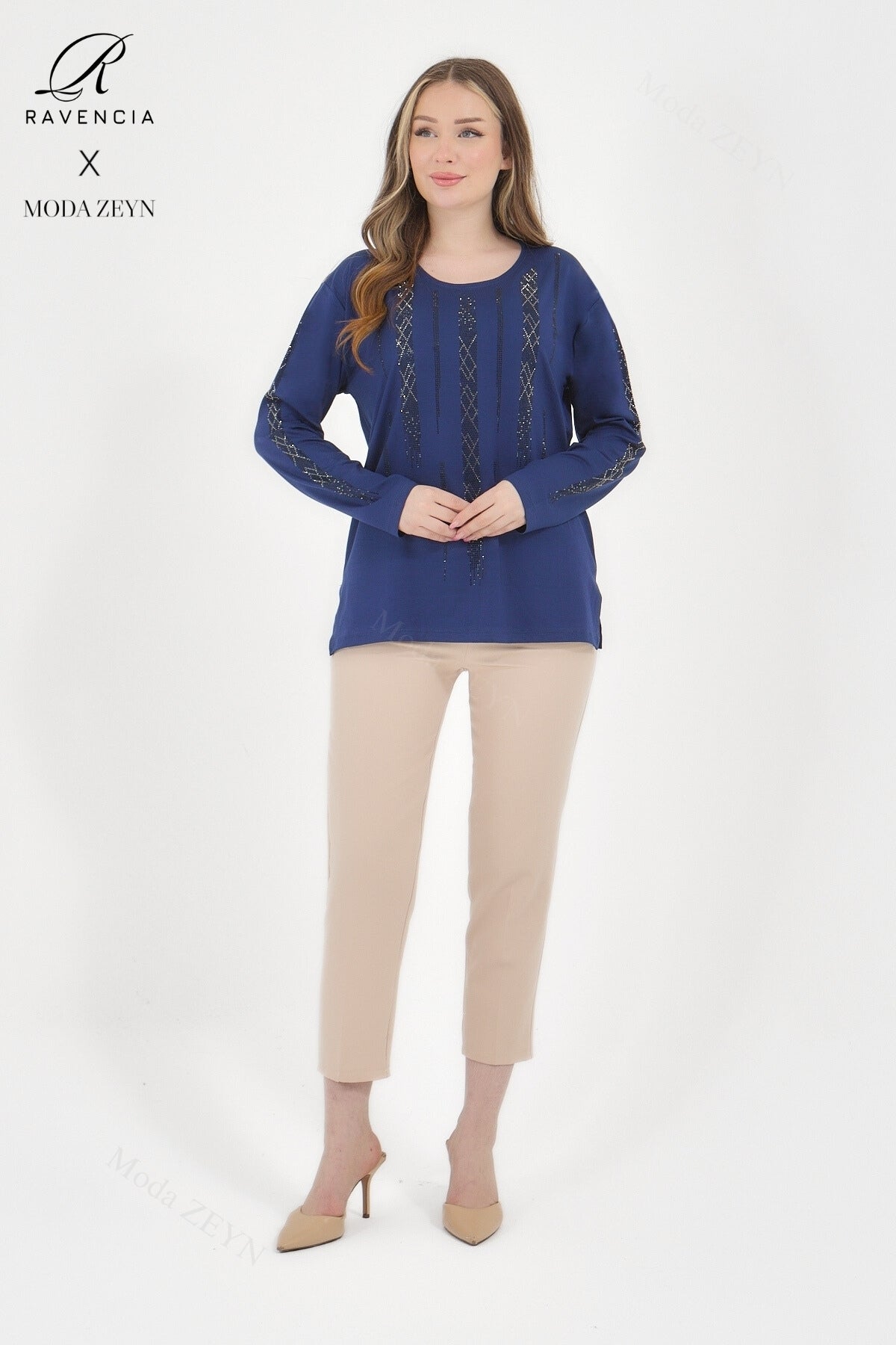 Kadın Viskon Düz Cizgi Taşlı İşlemeli Likralı Anne Penye Bluz