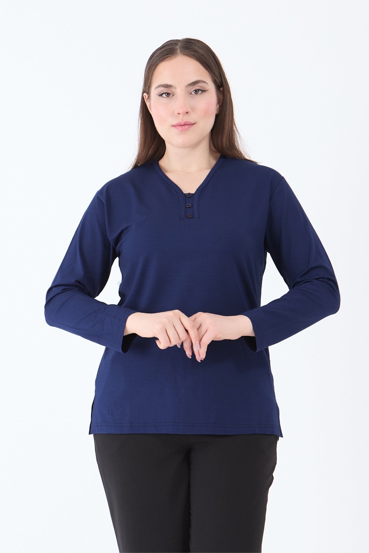 Kadın V Yaka Likralı Viskon Anne Penye Bluz