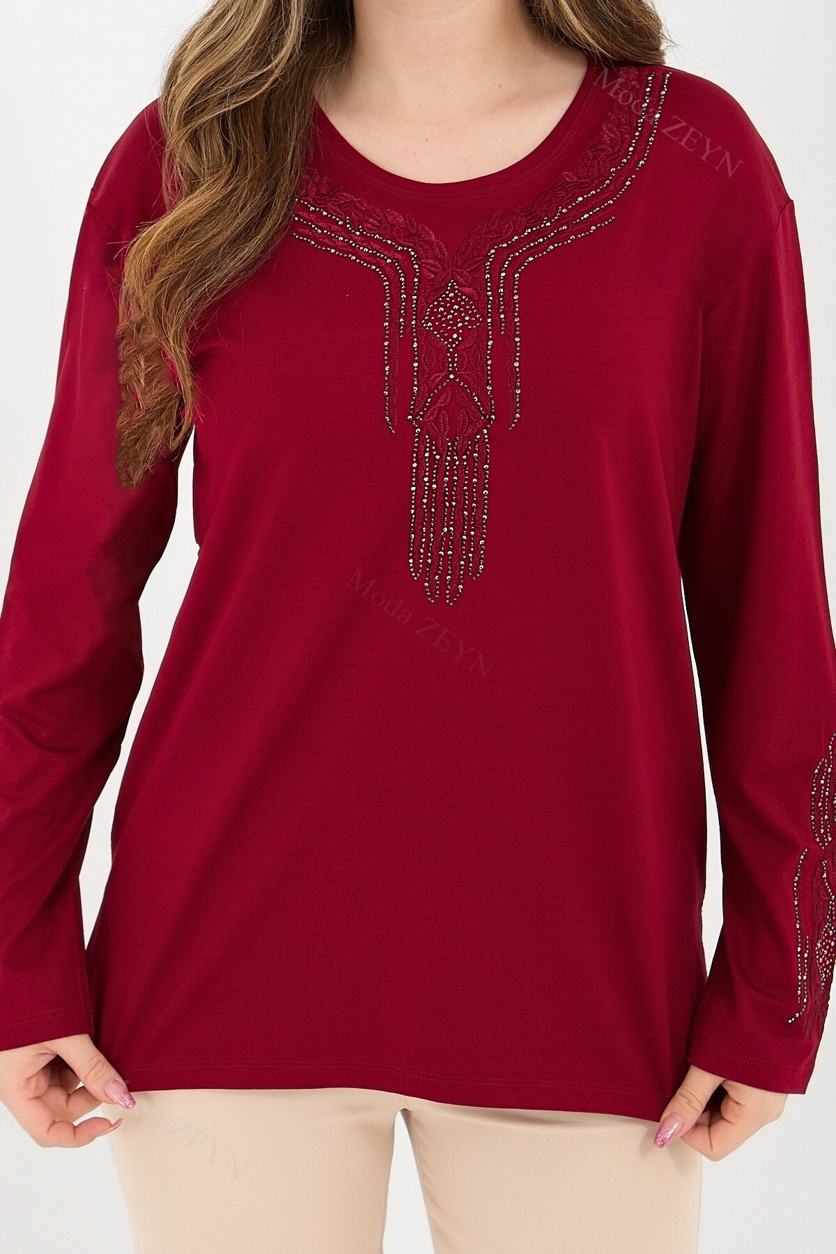 Kadın Orta Yaş Ve Üzeri Viskon Madolyon Desen Taşlı Işlemeli Likralı Anne Penye Bluz