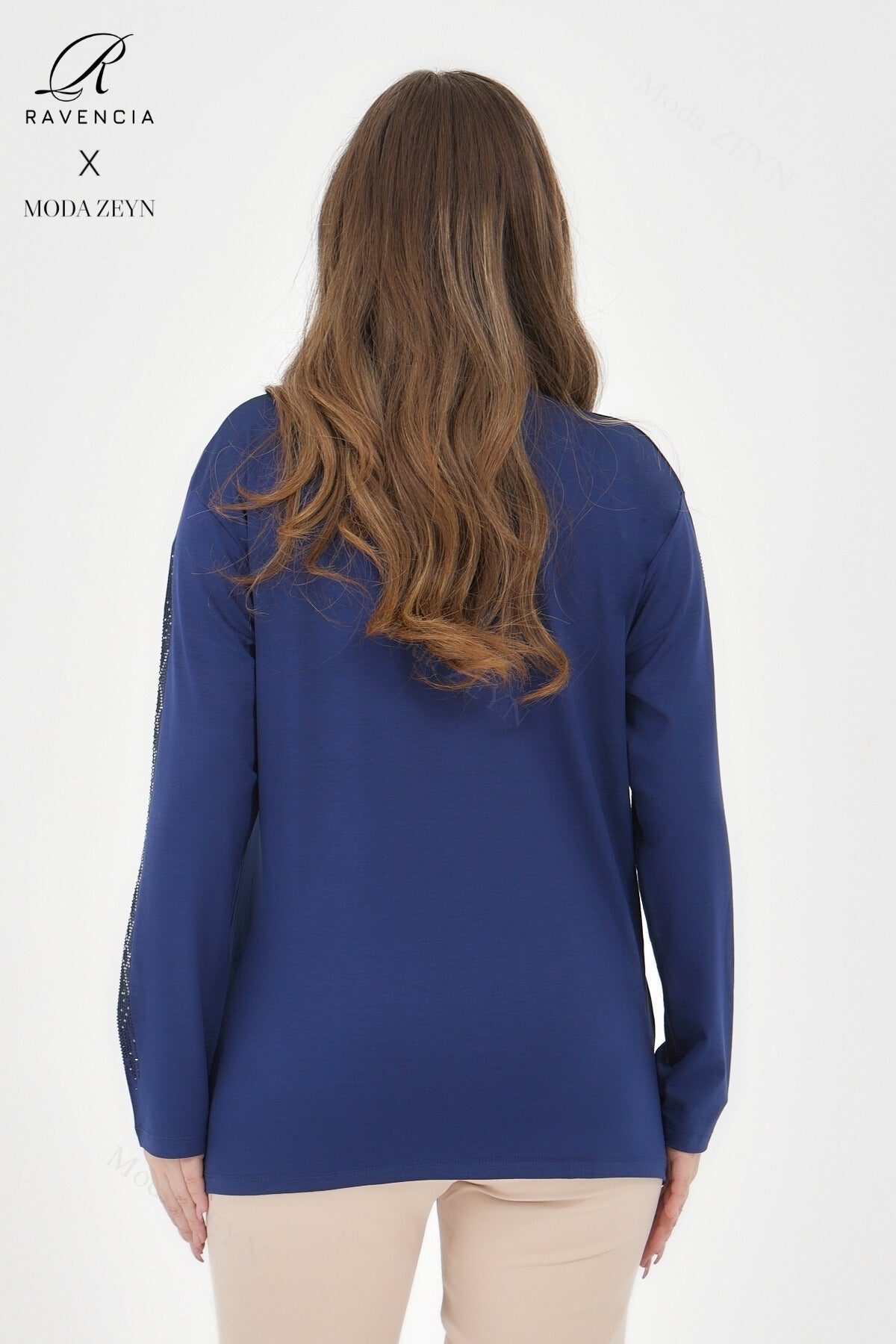 Kadın Viskon Düz Cizgi Taşlı İşlemeli Likralı Anne Penye Bluz