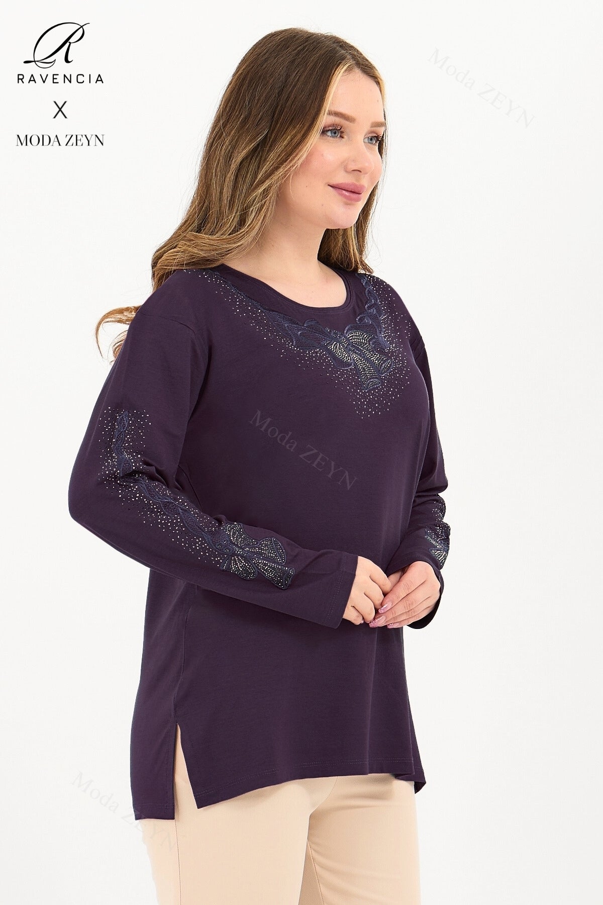 Kadın Orta Yaş Ve Üzeri Viskon Fiyonk Desen Taşlı Işlemeli Likralı Anne Penye Bluz