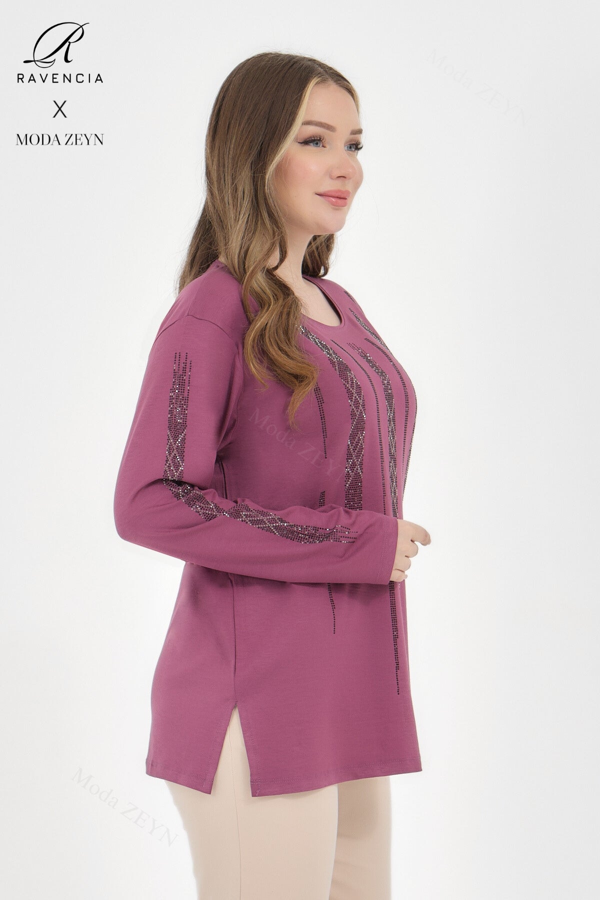 Kadın Viskon Düz Cizgi Taşlı İşlemeli Likralı Anne Penye Bluz