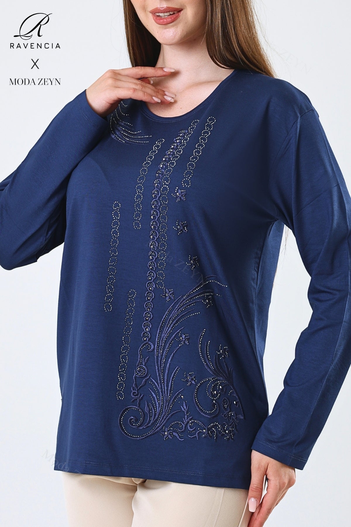 Kadın Orta Yaş Ve Üzeri Viskon Halka Şerit Desen Taşlı Işlemeli Likralı Anne Penye Bluz