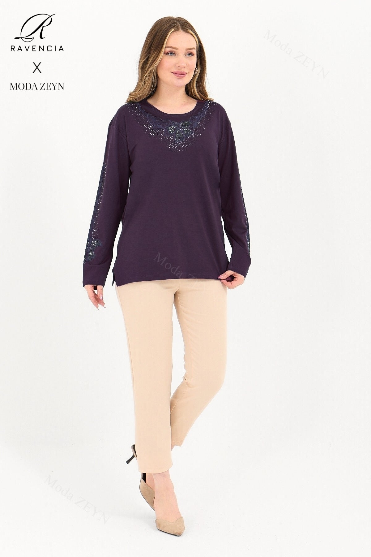 Kadın Orta Yaş Ve Üzeri Viskon Fiyonk Desen Taşlı Işlemeli Likralı Anne Penye Bluz