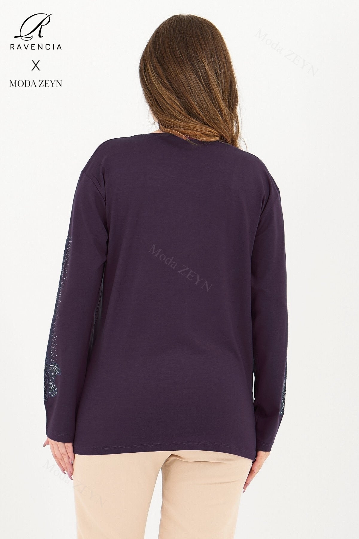 Kadın Orta Yaş Ve Üzeri Viskon Fiyonk Desen Taşlı Işlemeli Likralı Anne Penye Bluz