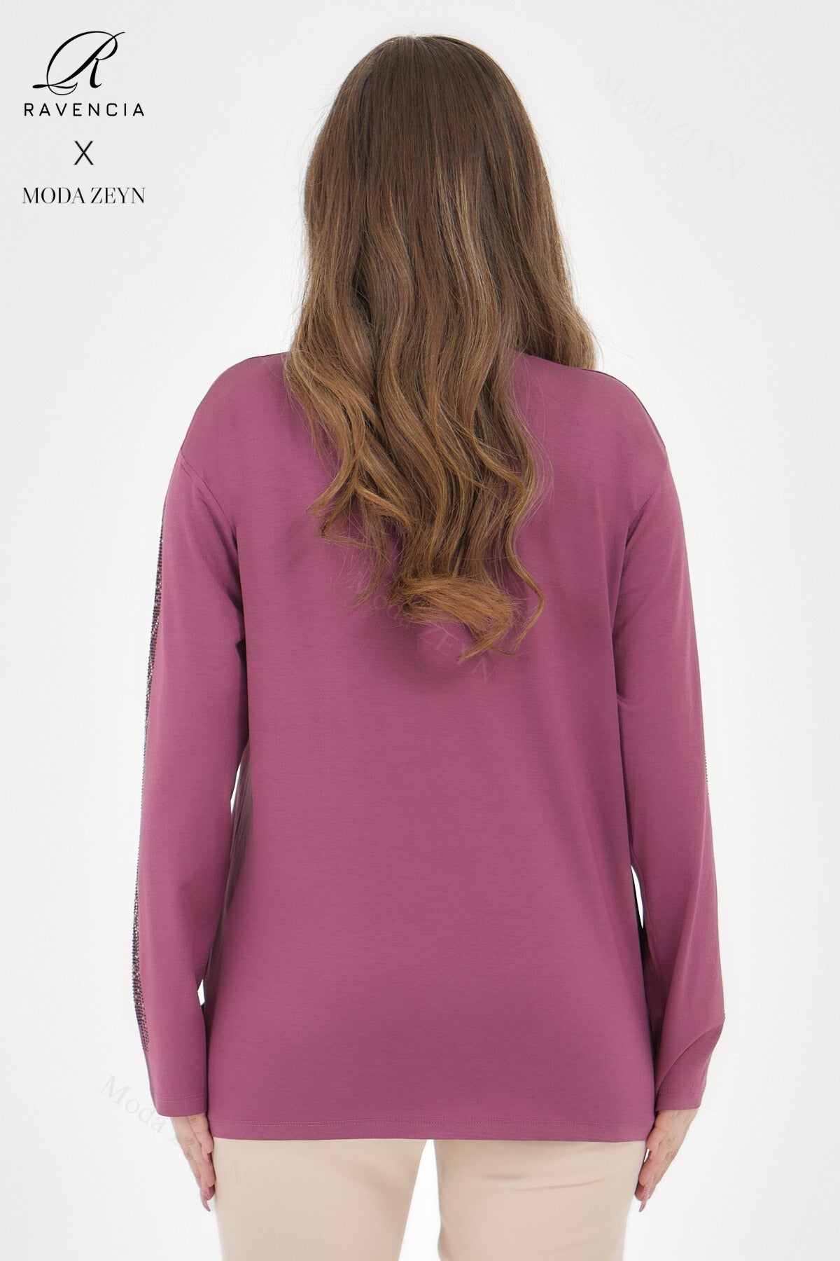 Kadın Viskon Düz Cizgi Taşlı İşlemeli Likralı Anne Penye Bluz