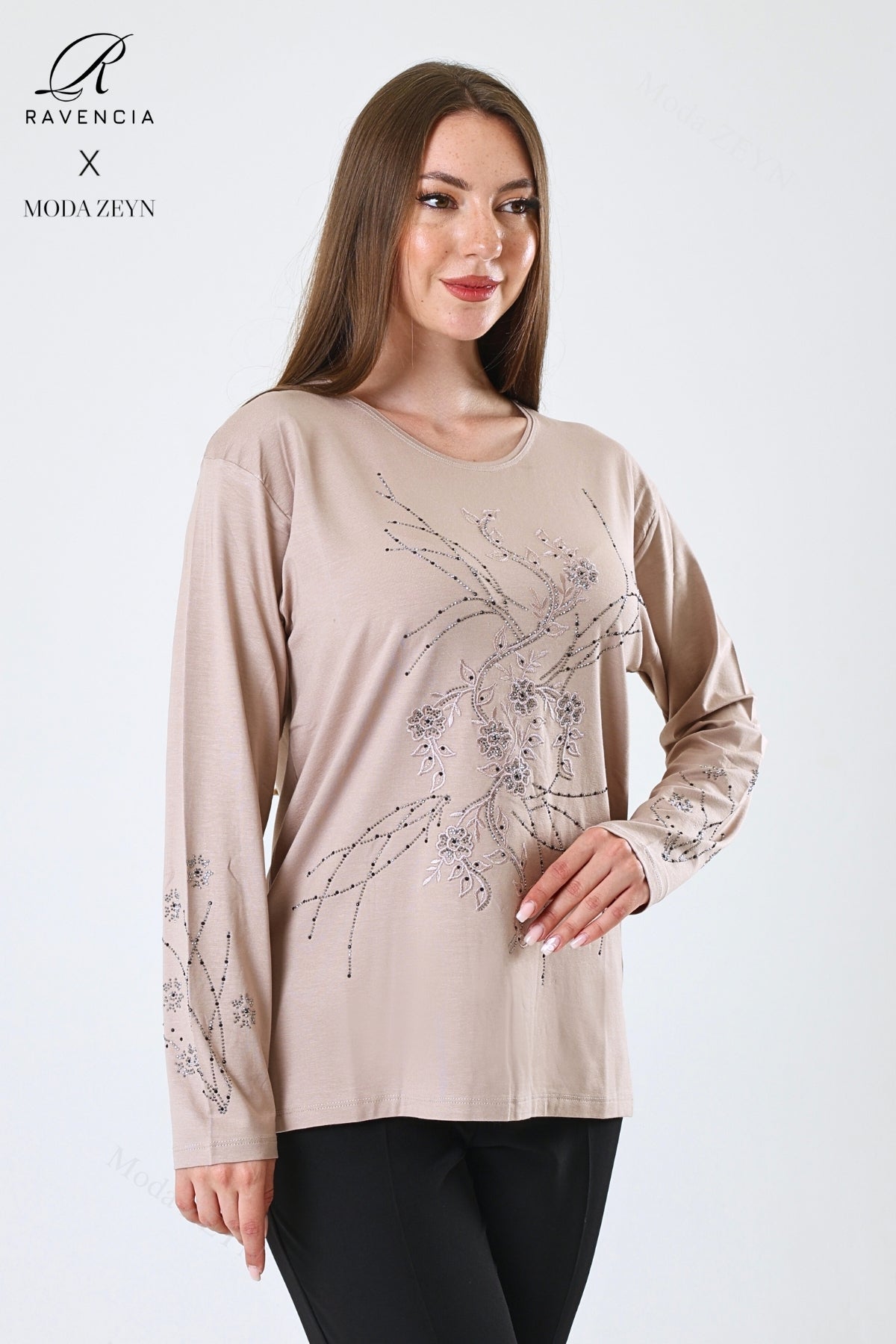 Kadın Viskon Yeni Kaplama Desen Taşlı Işlemeli Likralı Anne Penye Bluz