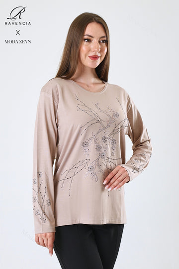 Kadın Viskon Yeni Kaplama Desen Taşlı Işlemeli Likralı Anne Penye Bluz