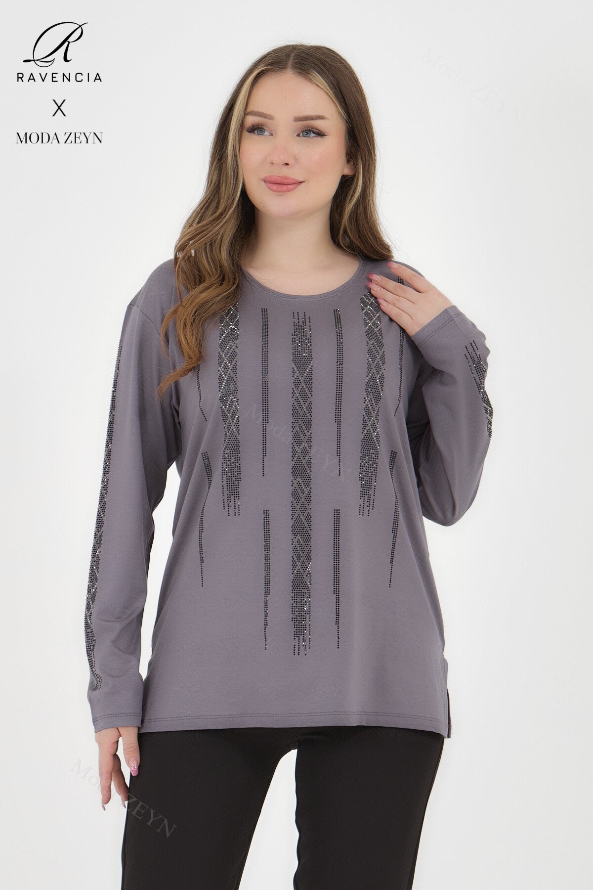 Kadın Viskon Düz Cizgi Taşlı İşlemeli Likralı Anne Penye Bluz