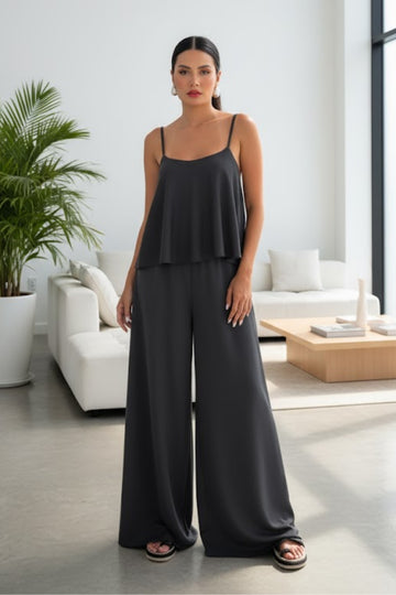 Kadın İp Askılı İp Askılı Bluz Pantolon Füme Takım