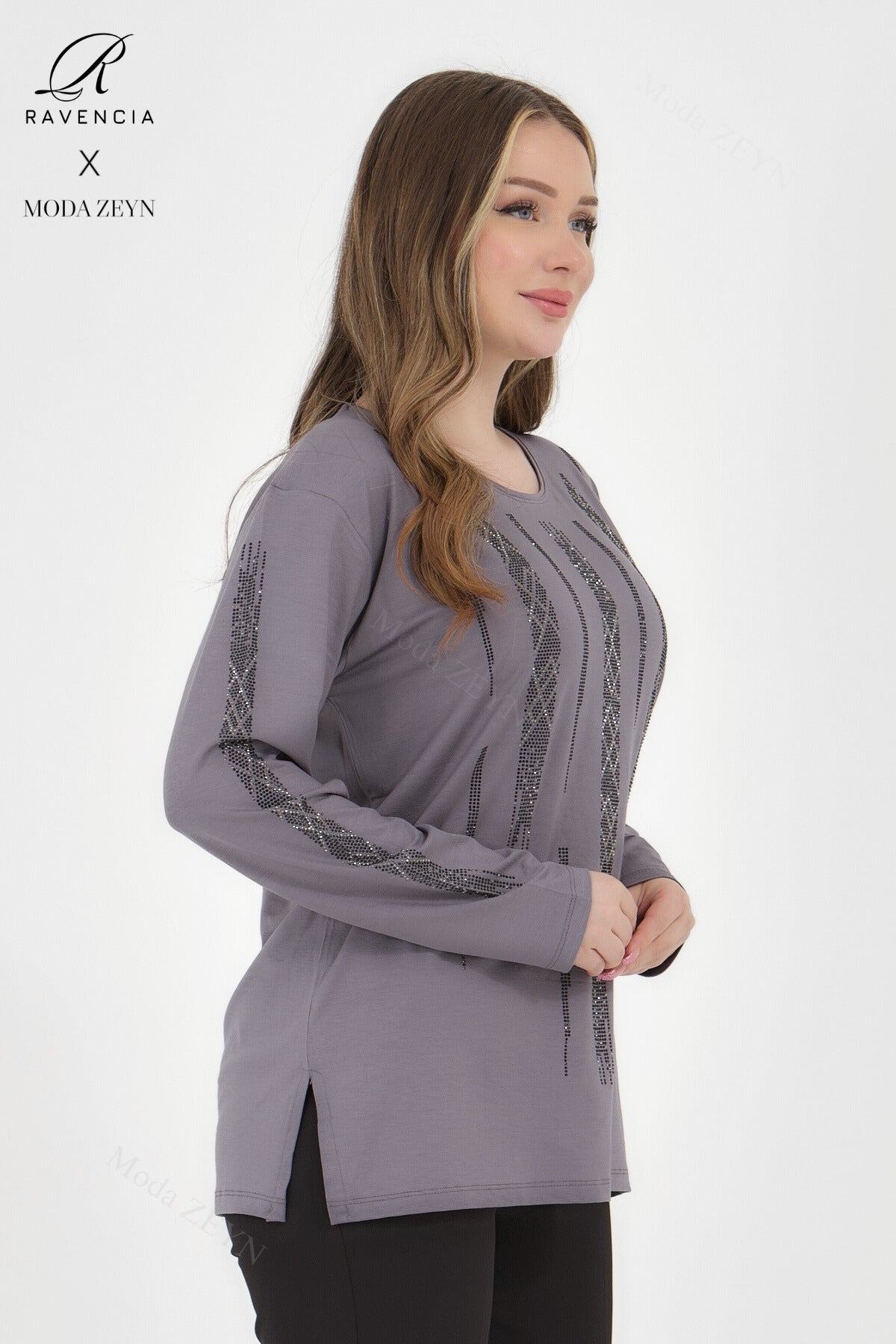 Kadın Orta Yaş Ve Üzeri Viskon Düz Cizgi Taşlı İşlemeli Likralı Lacivert Anne Penye Bluz