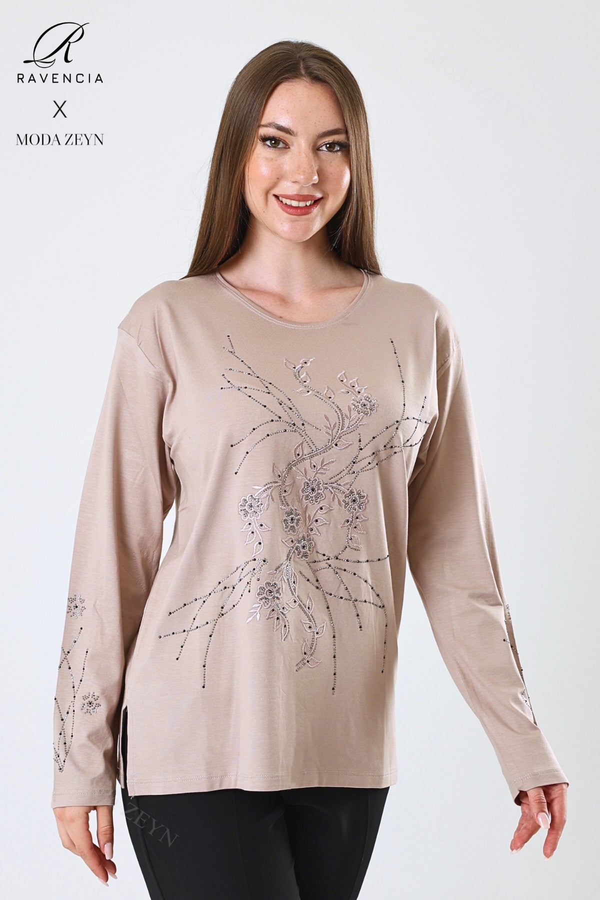 Kadın Orta Yaş Ve Üzeri Viskon Yeni Kaplama Desen Taşlı Işlemeli Likralı Zümrüt Anne Penye Bluz