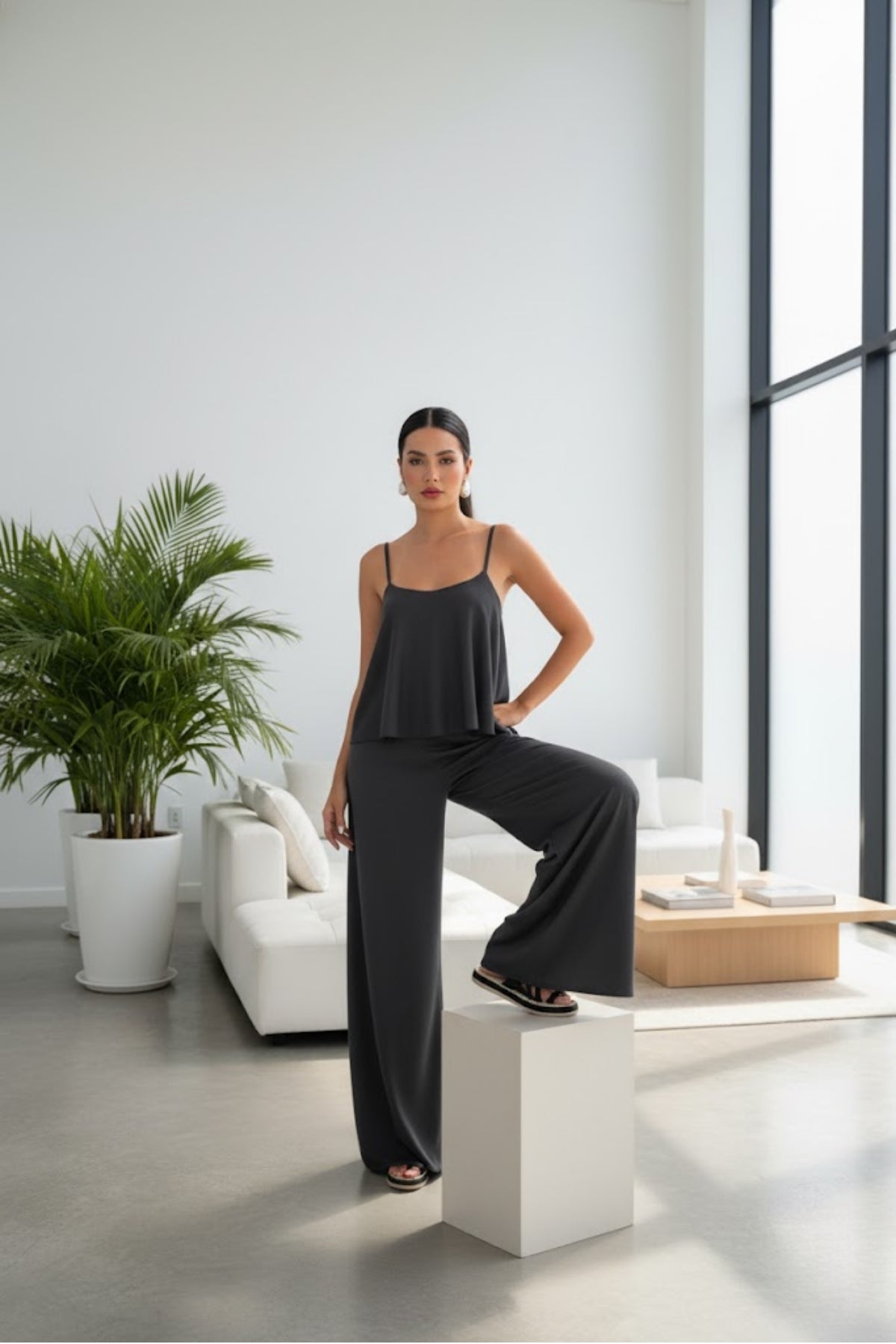 Kadın İp Askılı İp Askılı Bluz Pantolon Füme Takım