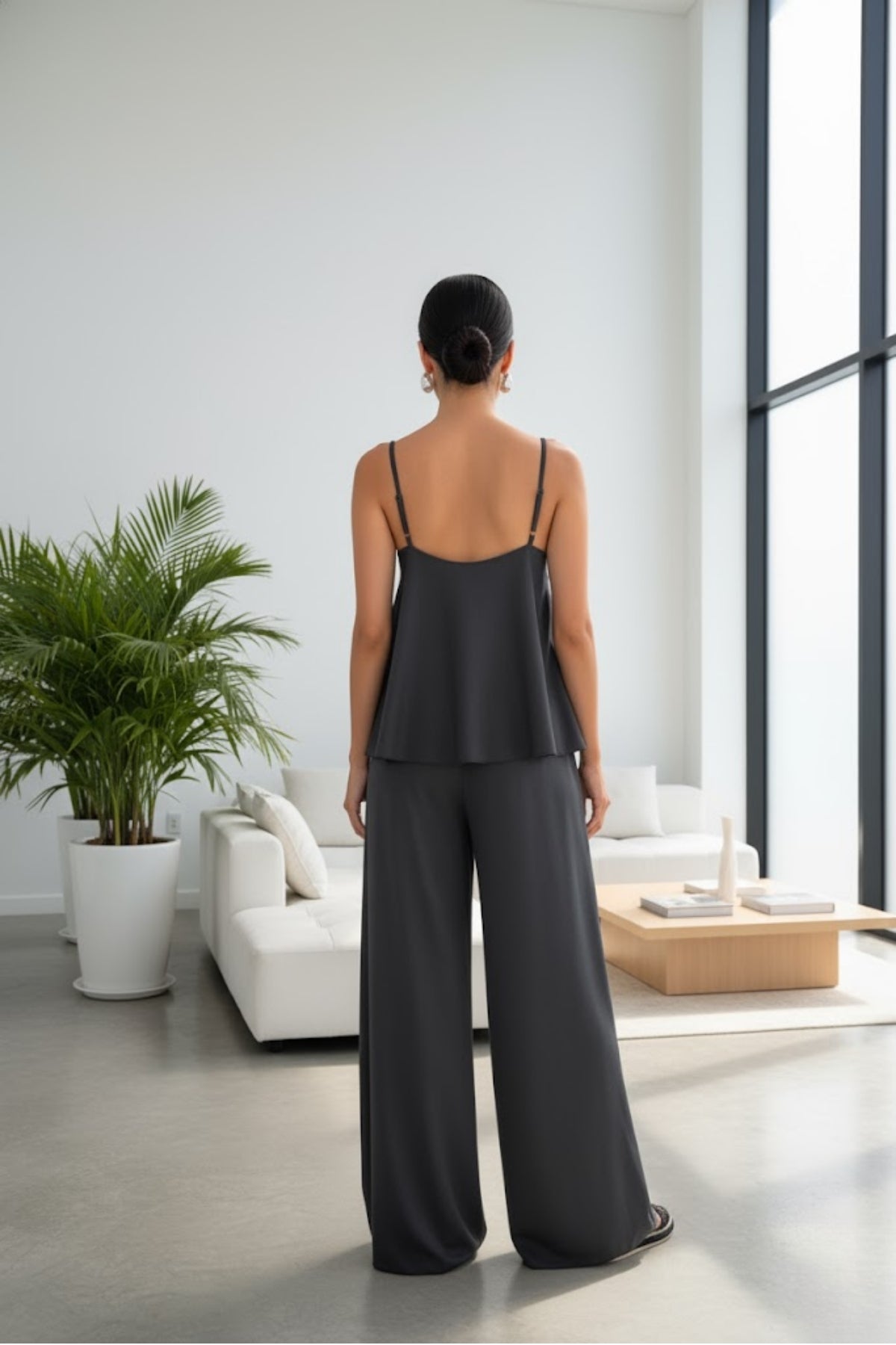 Kadın İp Askılı İp Askılı Bluz Pantolon Füme Takım