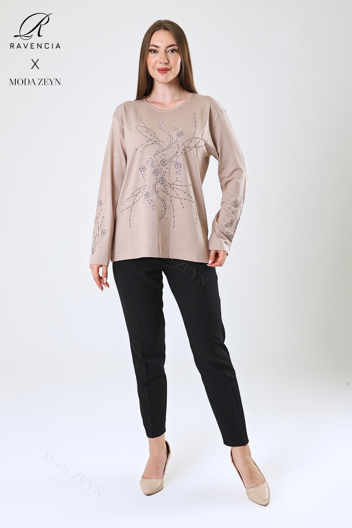 Kadın Viskon Yeni Kaplama Desen Taşlı Işlemeli Likralı Anne Penye Bluz