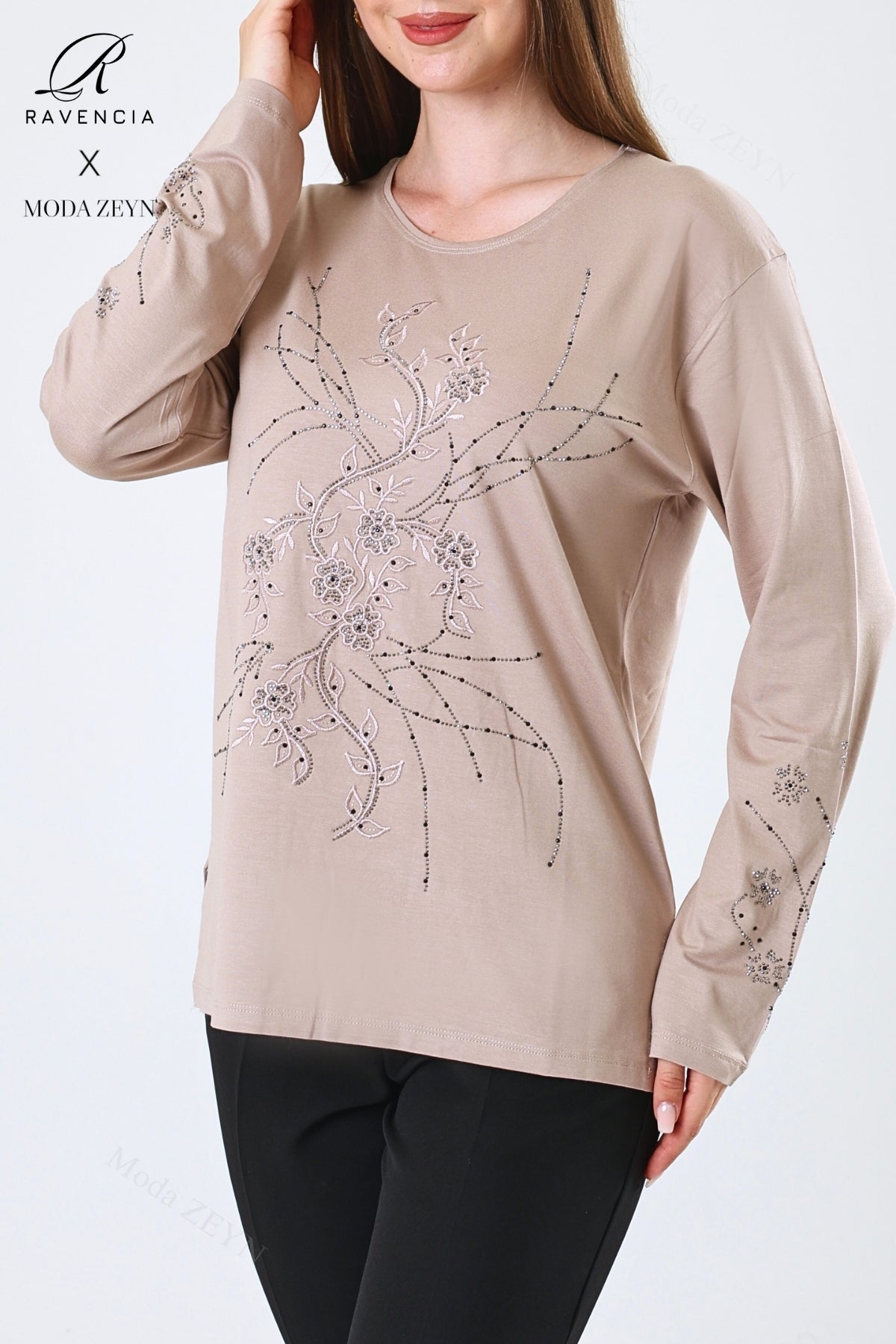 Kadın Viskon Yeni Kaplama Desen Taşlı Işlemeli Likralı Anne Penye Bluz