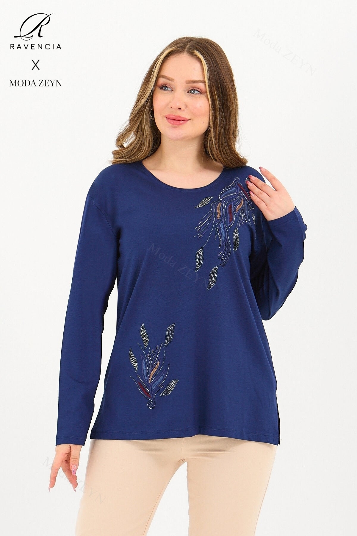 Kadın Viskon Renkli Yaprak Desen Taşlı İşlemeli Likralı Anne Penye Bluz