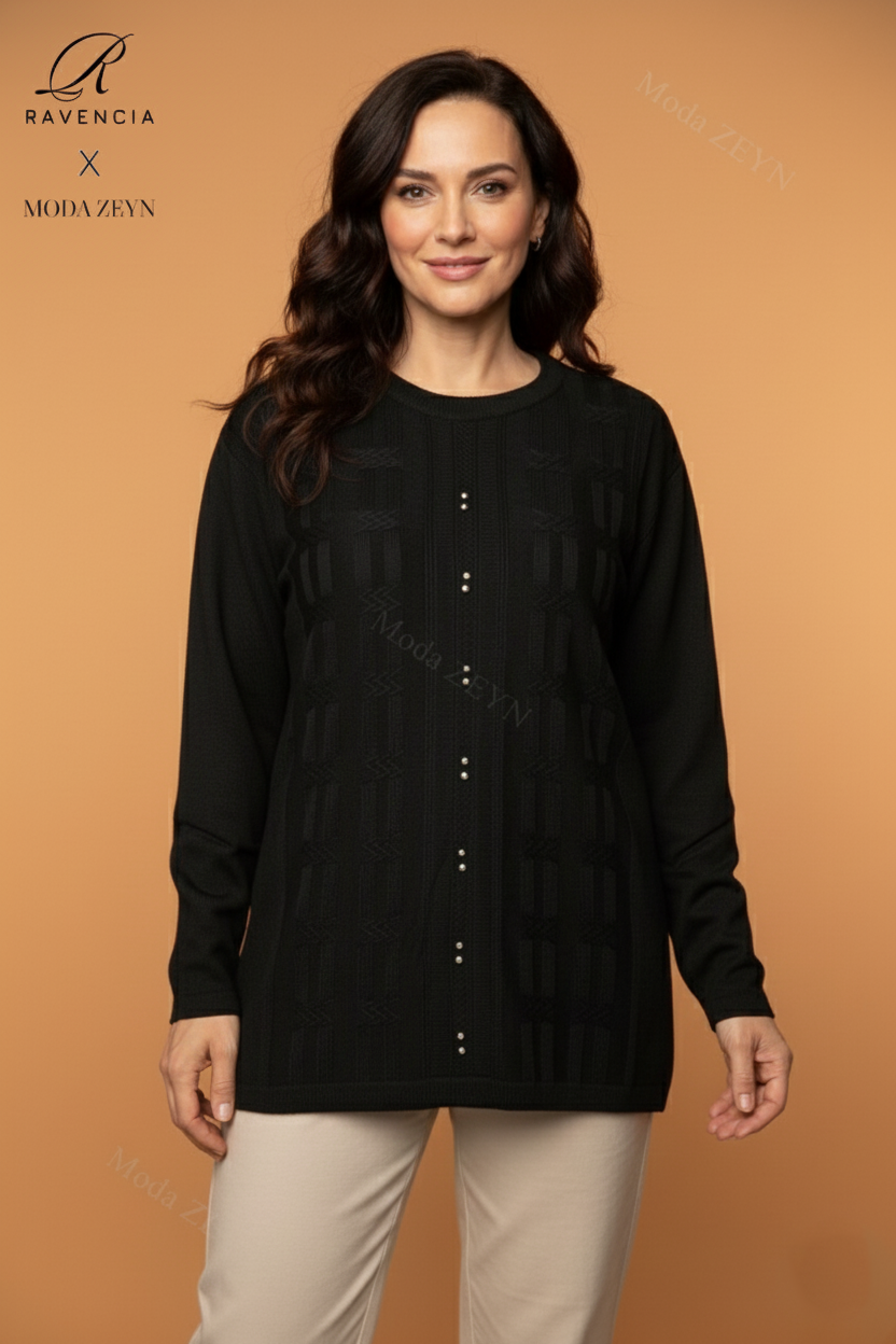 Kadın Bisiklet Yaka Likralı Desenli Triko Anne Kazak