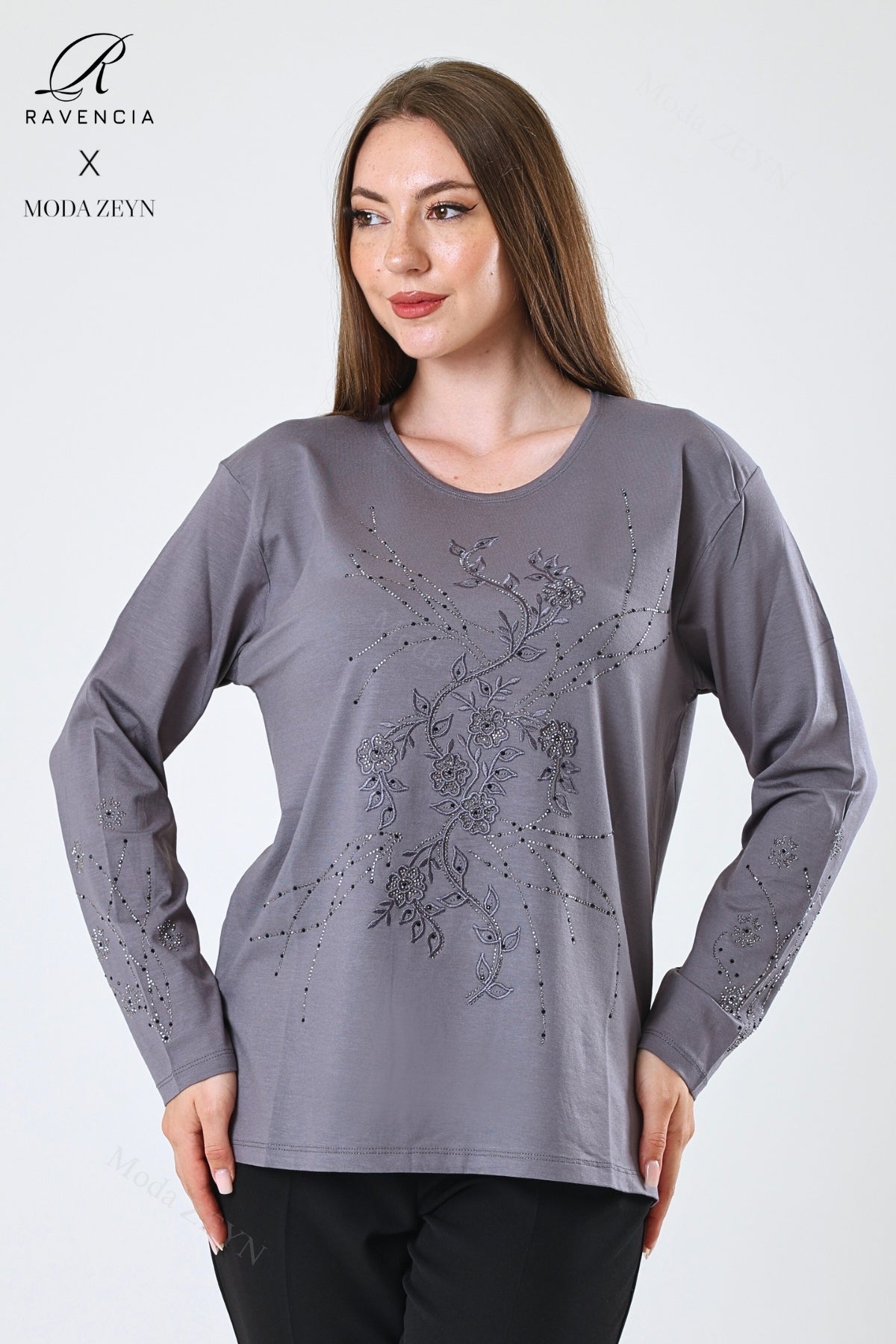 Kadın Orta Yaş Ve Üzeri Viskon Yeni Kaplama Desen Taşlı Işlemeli Likralı Zümrüt Anne Penye Bluz