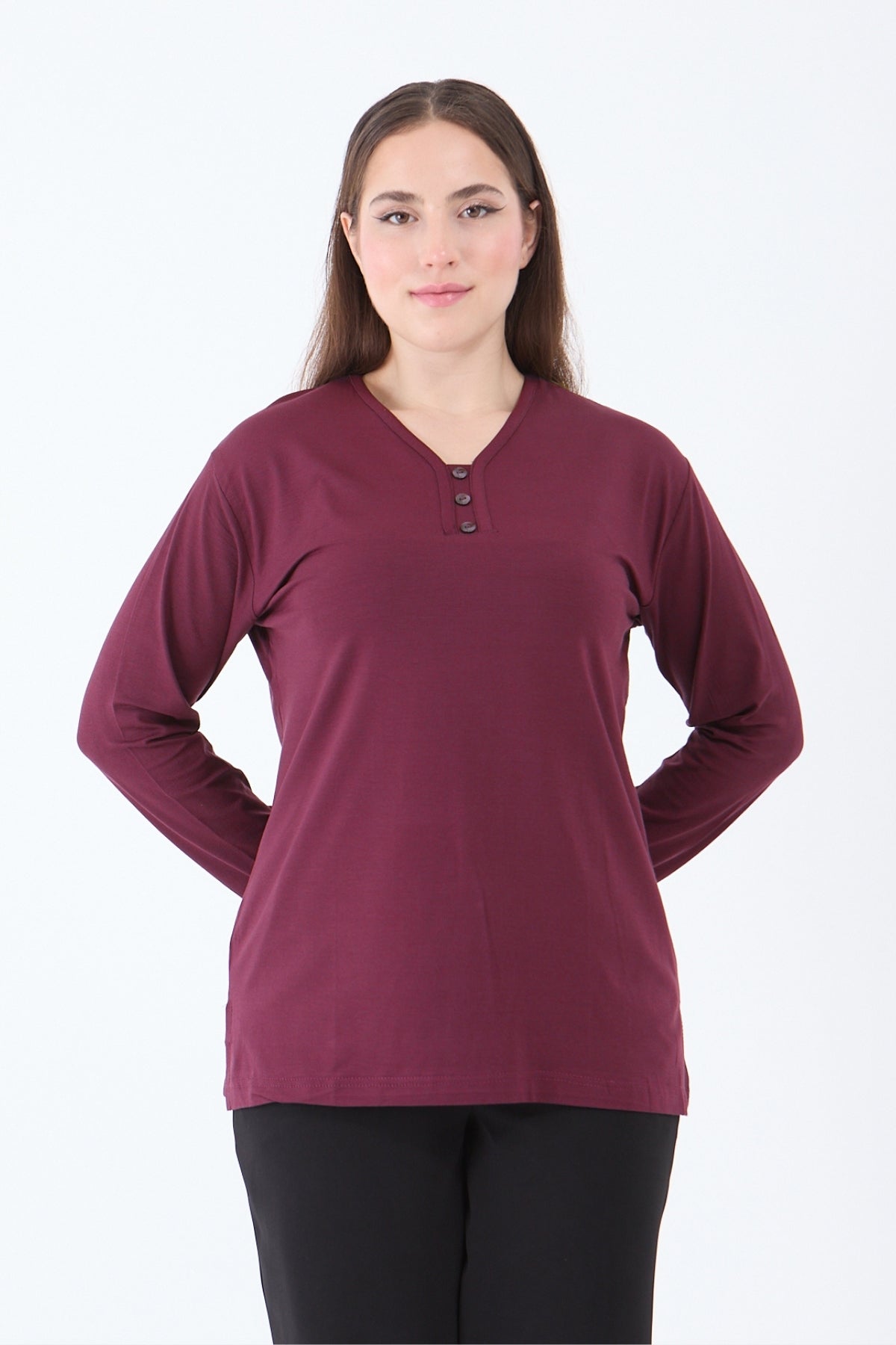 Kadın V Yaka Likralı Viskon Anne Penye Bluz