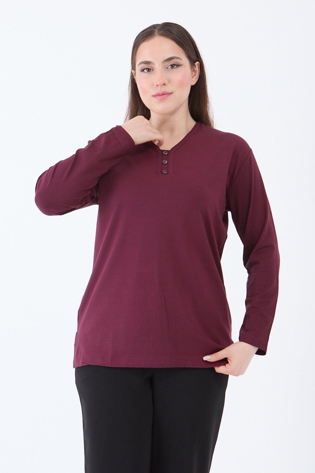 Kadın V Yaka Likralı Viskon Anne Penye Bluz