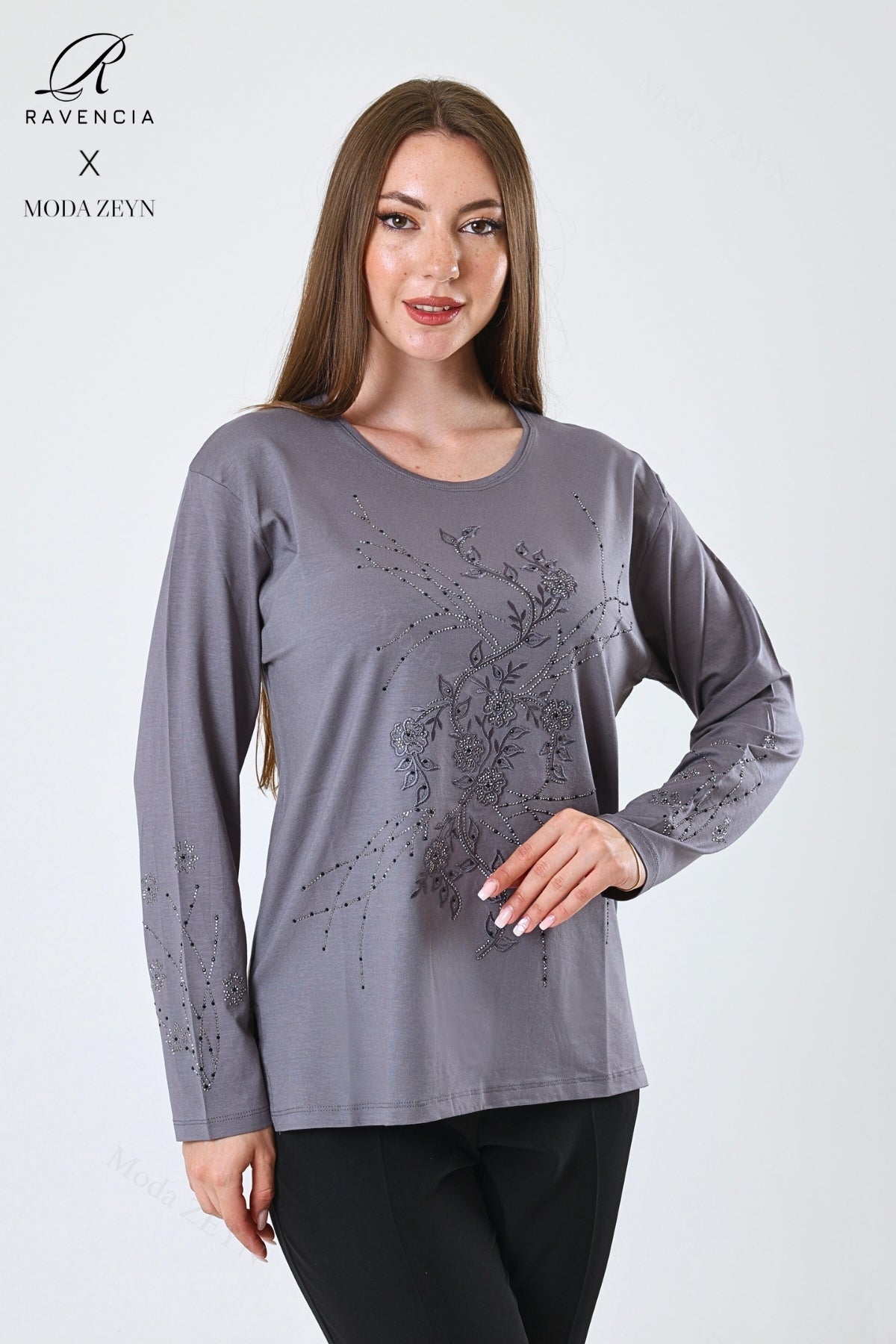 Kadın Viskon Yeni Kaplama Desen Taşlı Işlemeli Likralı Anne Penye Bluz