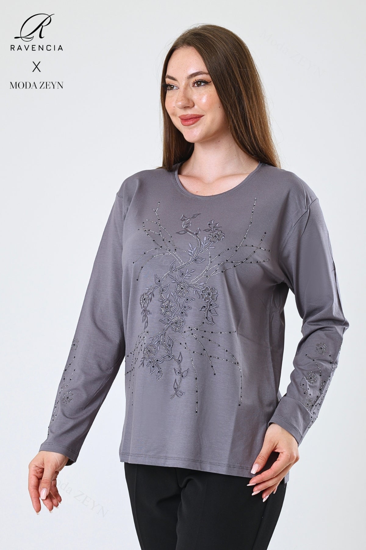 Kadın Orta Yaş Ve Üzeri Viskon Yeni Kaplama Desen Taşlı Işlemeli Likralı Zümrüt Anne Penye Bluz