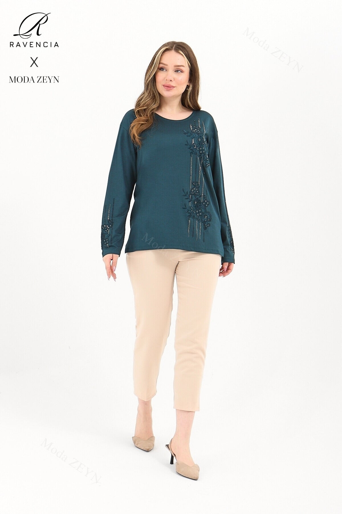 Kadın Orta Yaş Ve Üzeri Viskon Şerit Desen Taşlı Işlemeli Likralı Koyu Kahverengi Anne Penye Bluz